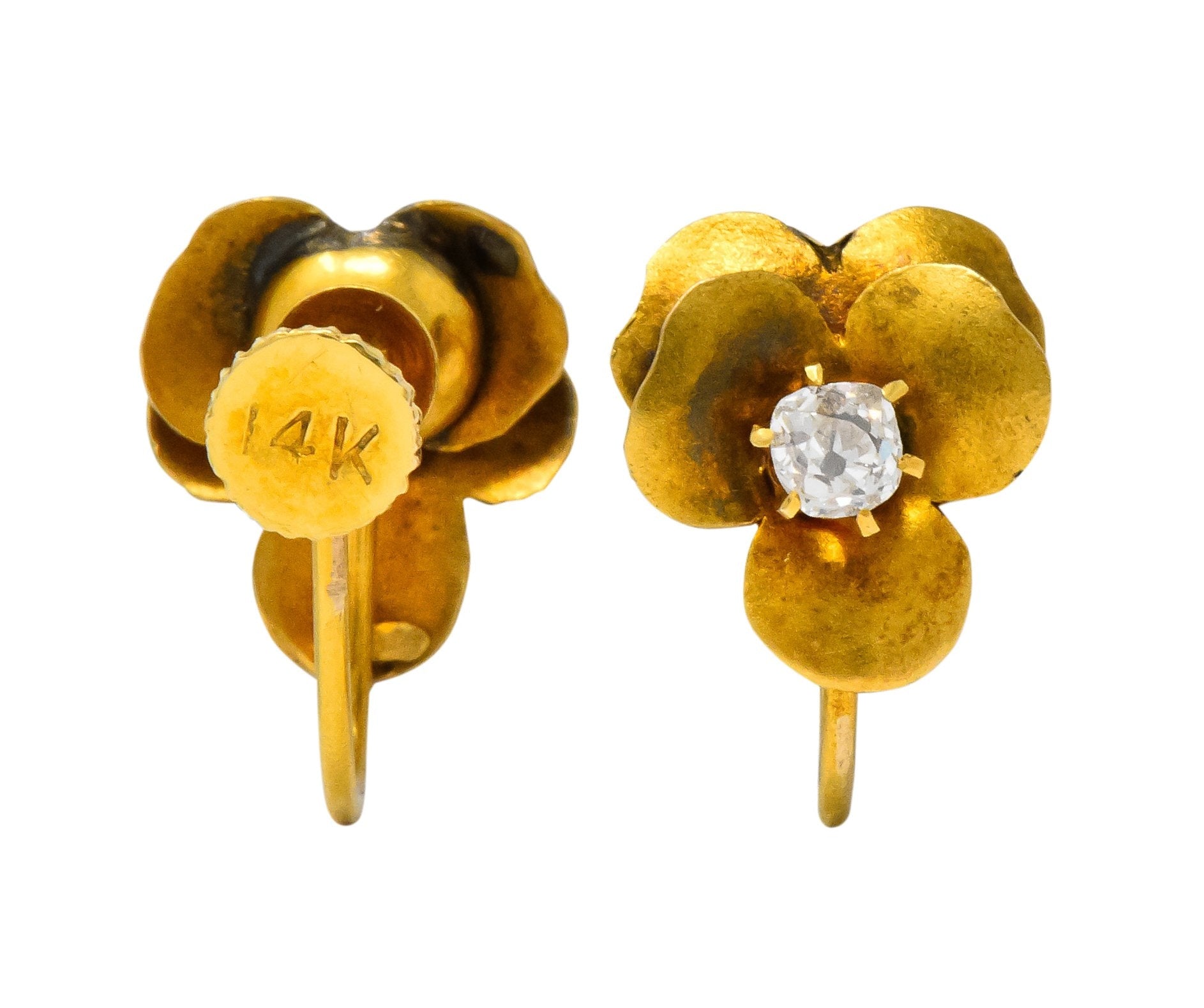 Church & Company Retro Diamond 14 Karat Gold Pansy Flower Earrings Wilson's Estate Jewelry