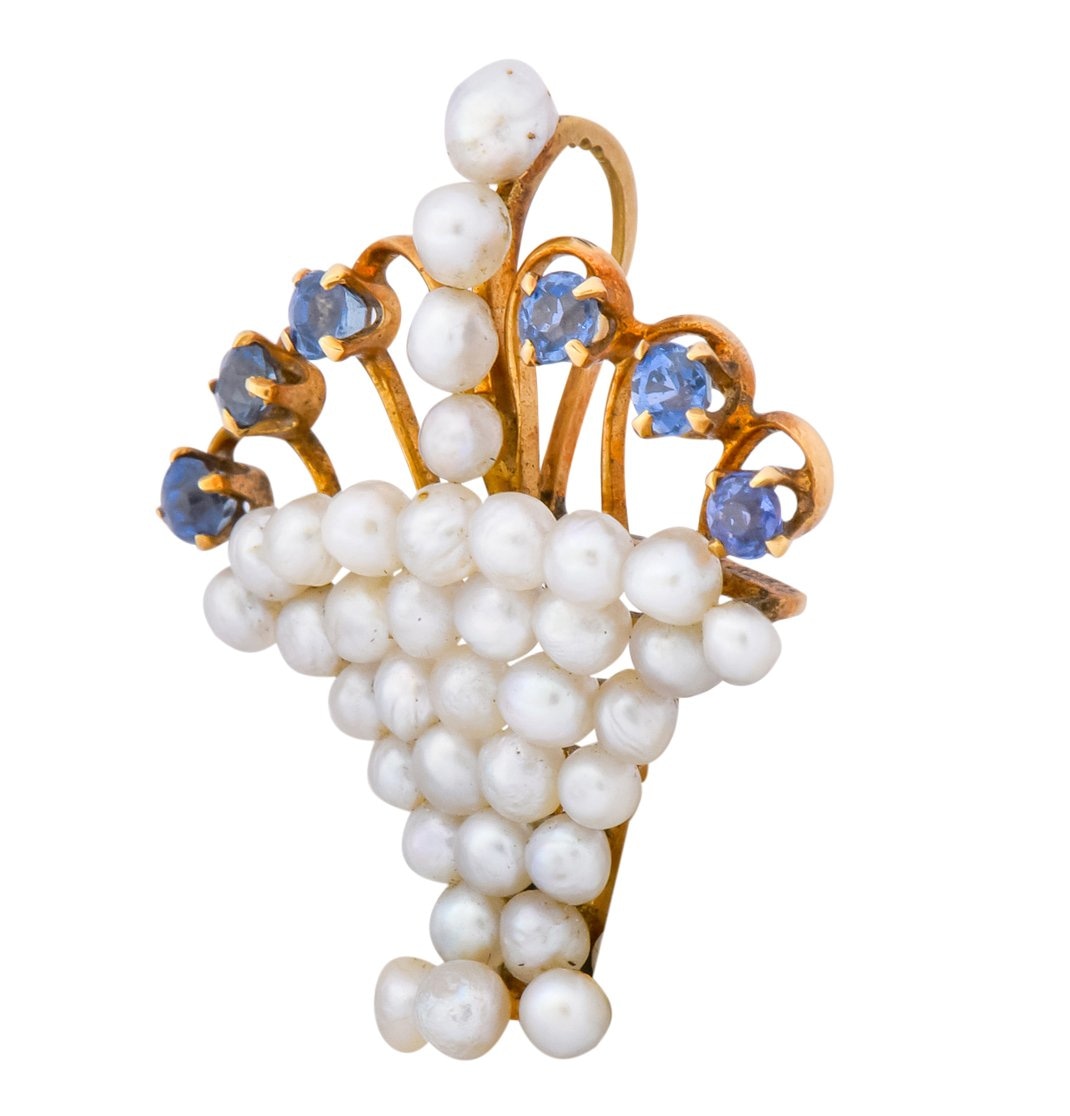 Circa 1900 Edwardian Pearl Sapphire 14 Karat Gold Flower Basket Pendant - Wilson's Estate Jewelry