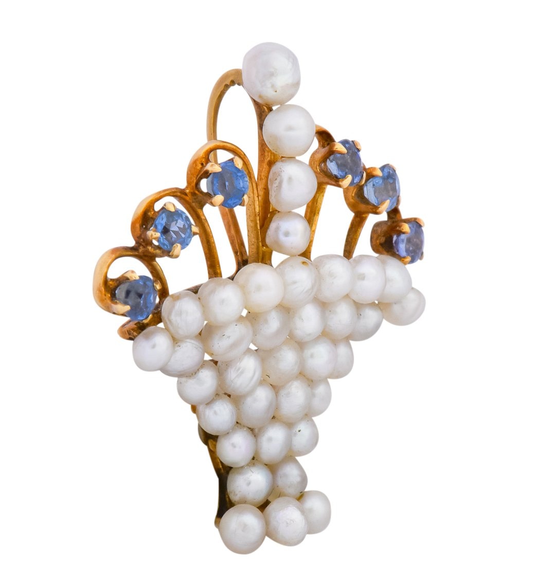 Circa 1900 Edwardian Pearl Sapphire 14 Karat Gold Flower Basket Pendant - Wilson's Estate Jewelry