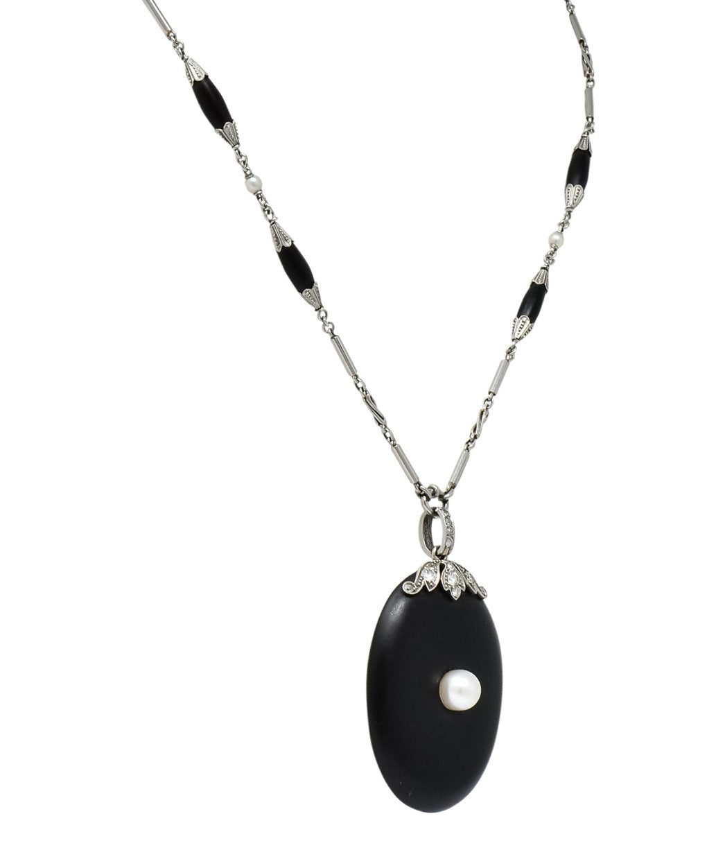 Circa 1910 Edwardian Diamond Natural Pearl Onyx Platinum Long Chain Necklace - Wilson's Estate Jewelry