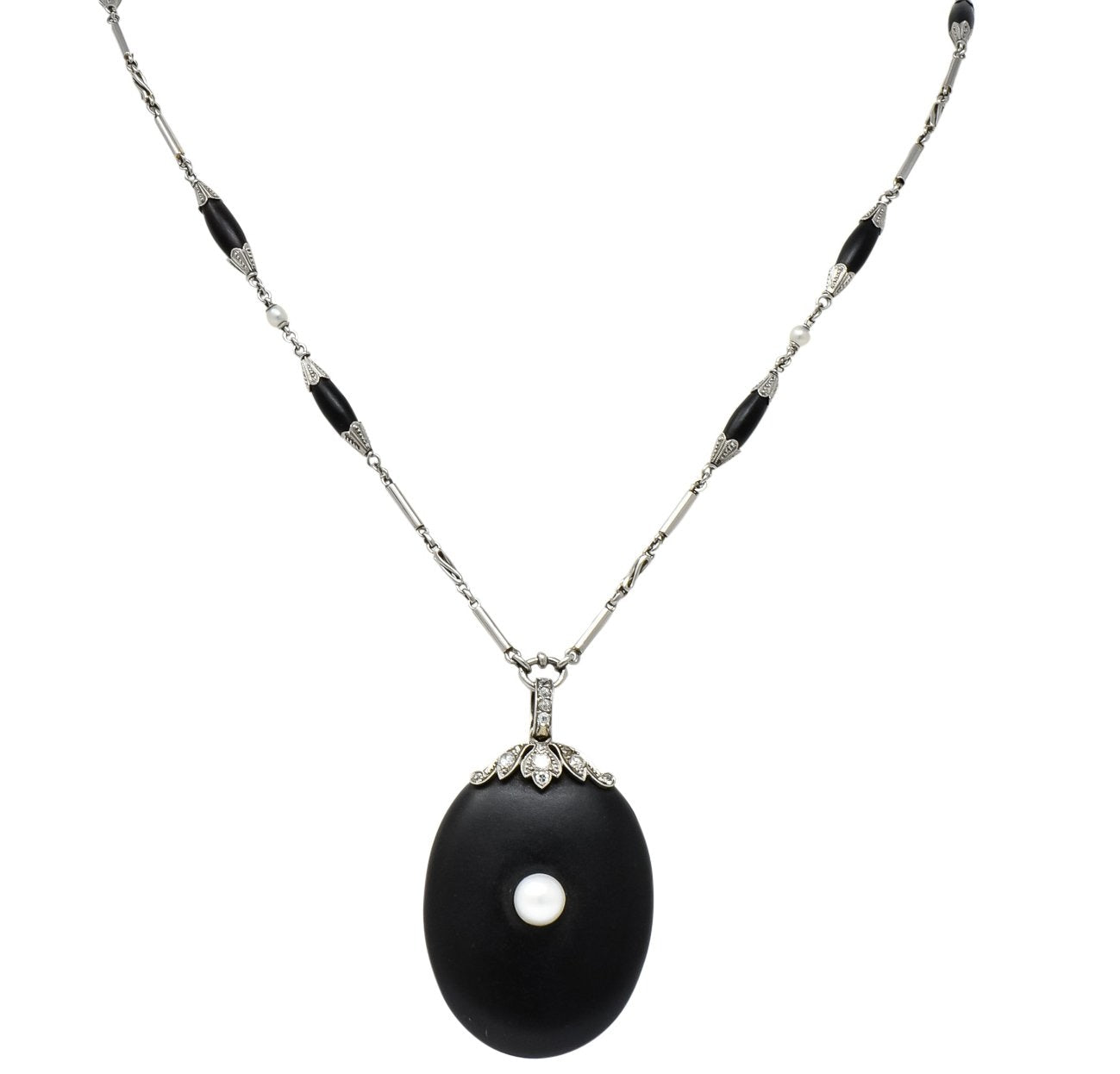 Circa 1910 Edwardian Diamond Natural Pearl Onyx Platinum Long Chain Necklace - Wilson's Estate Jewelry