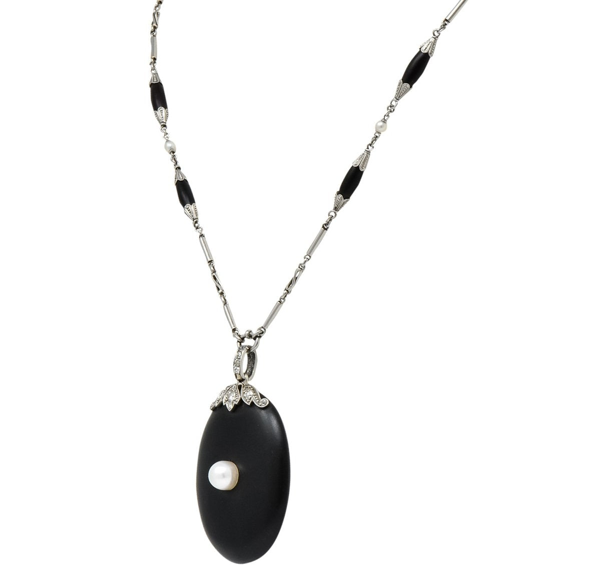 Circa 1910 Edwardian Diamond Natural Pearl Onyx Platinum Long Chain Necklace - Wilson's Estate Jewelry