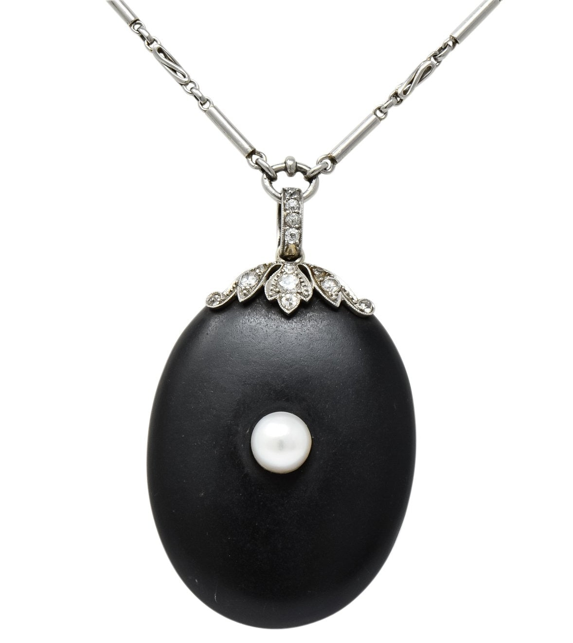 Circa 1910 Edwardian Diamond Natural Pearl Onyx Platinum Long Chain Necklace - Wilson's Estate Jewelry