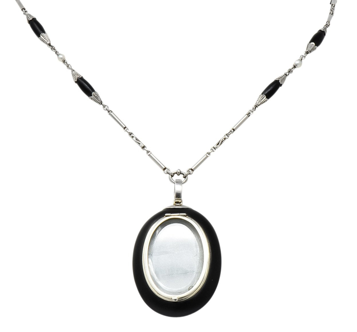 Circa 1910 Edwardian Diamond Natural Pearl Onyx Platinum Long Chain Necklace - Wilson's Estate Jewelry