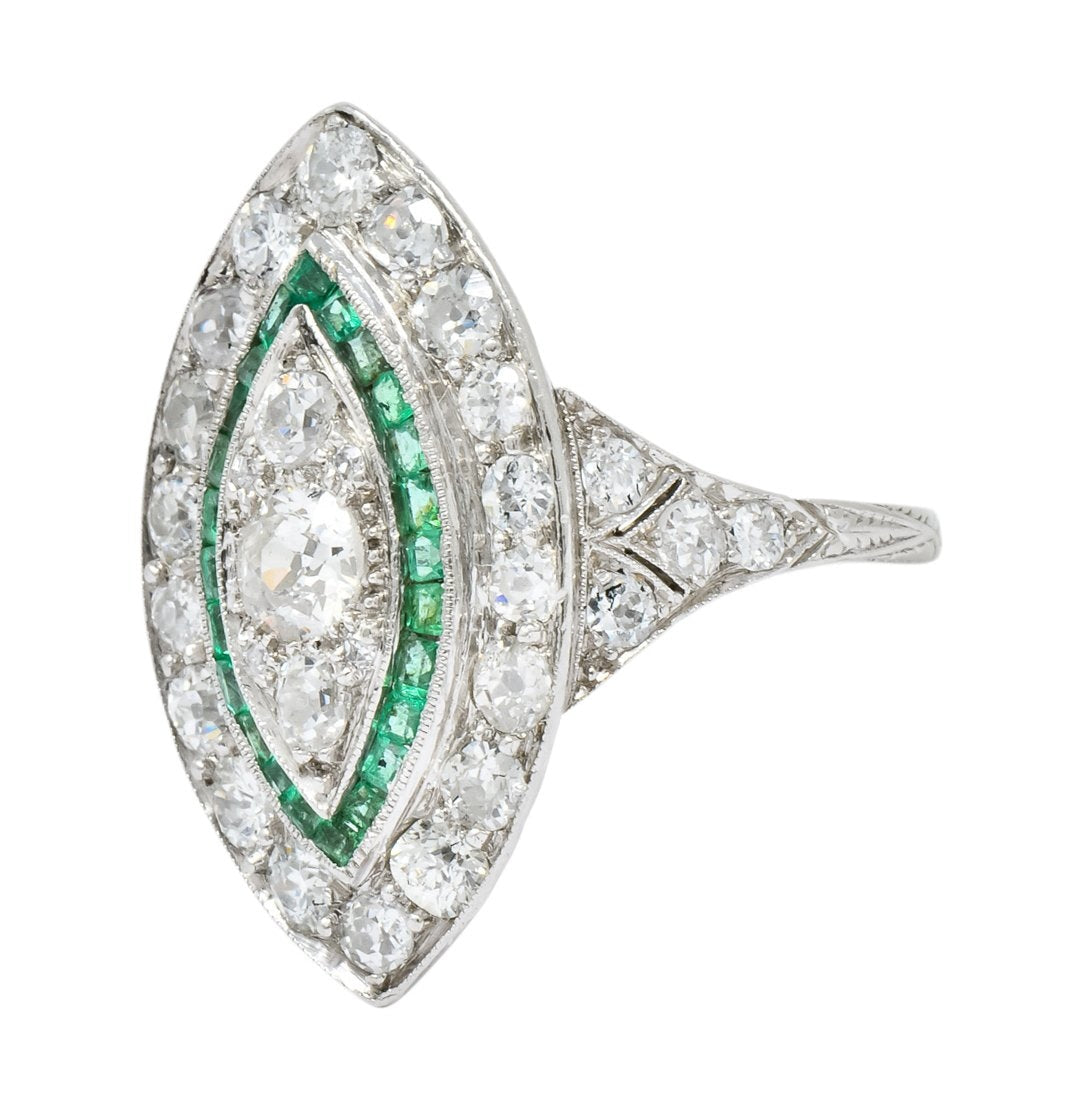 Circa 1915 Edwardian 2.95 CTW Diamond Emerald Platinum Dinner Ring - Wilson's Estate Jewelry