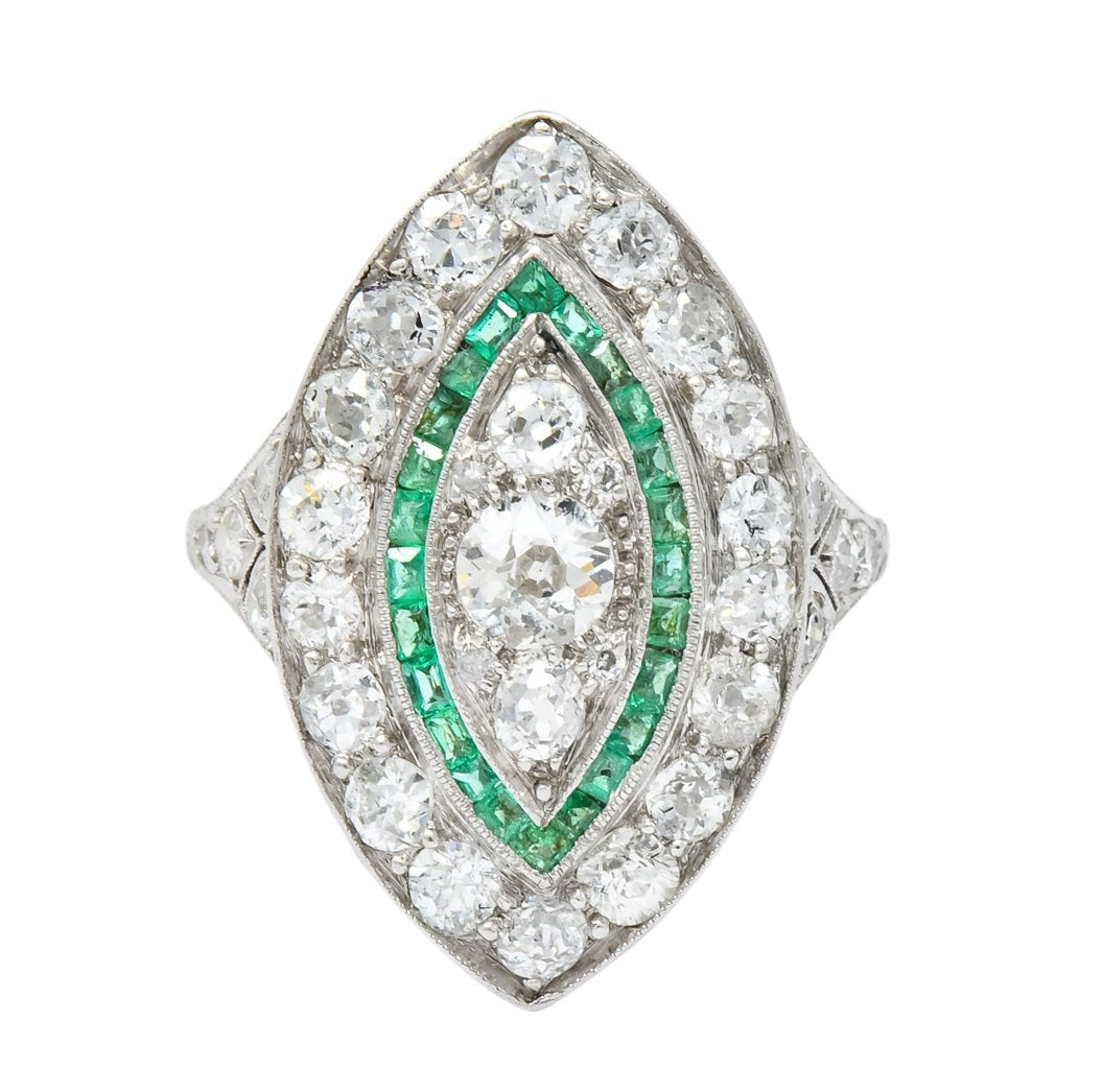 Circa 1915 Edwardian 2.95 CTW Diamond Emerald Platinum Dinner Ring - Wilson's Estate Jewelry