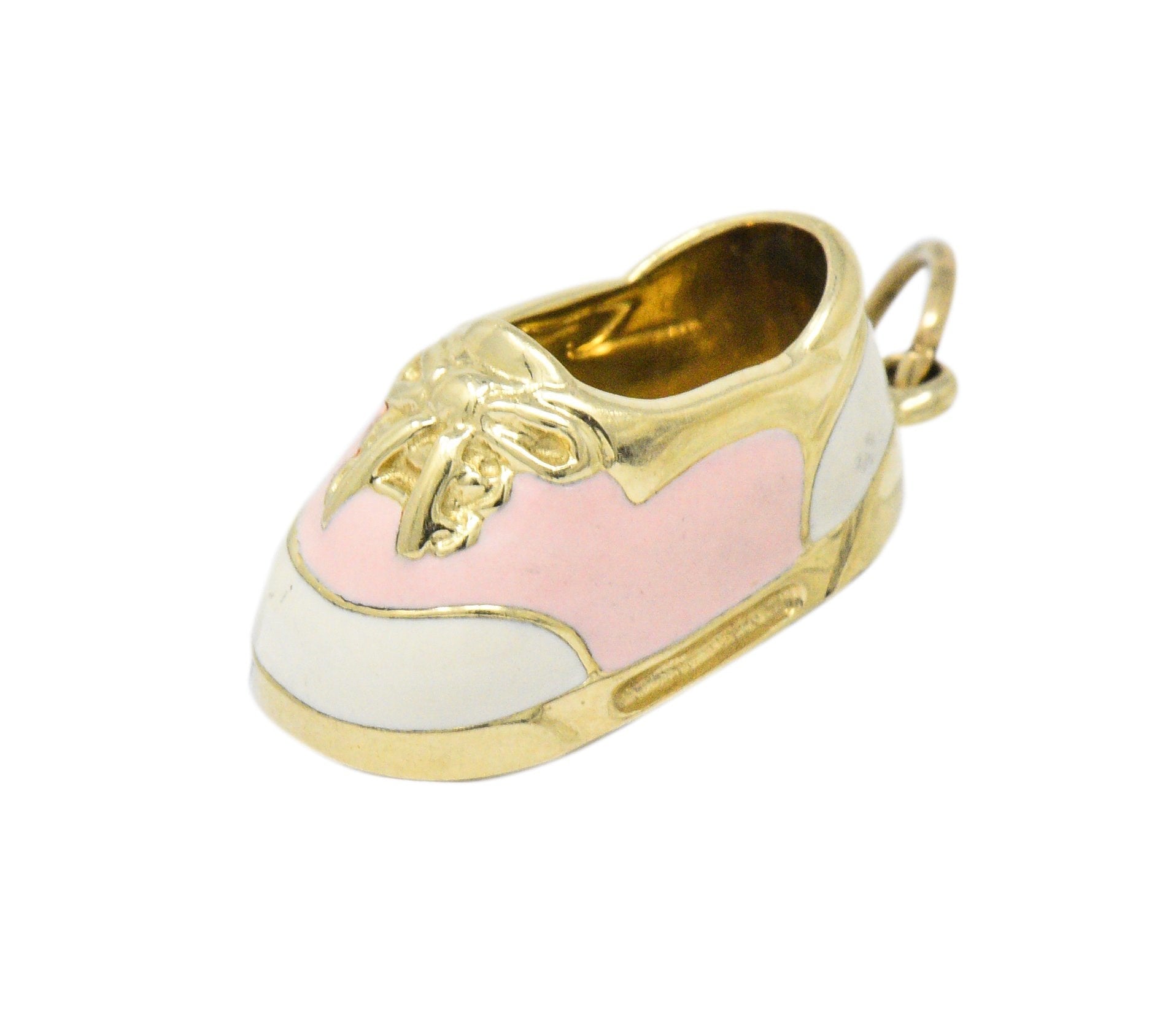 Contemporary 14 Karat Gold Pink Cream Enamel Saddle Shoe Charm Wilson's Estate Jewelry