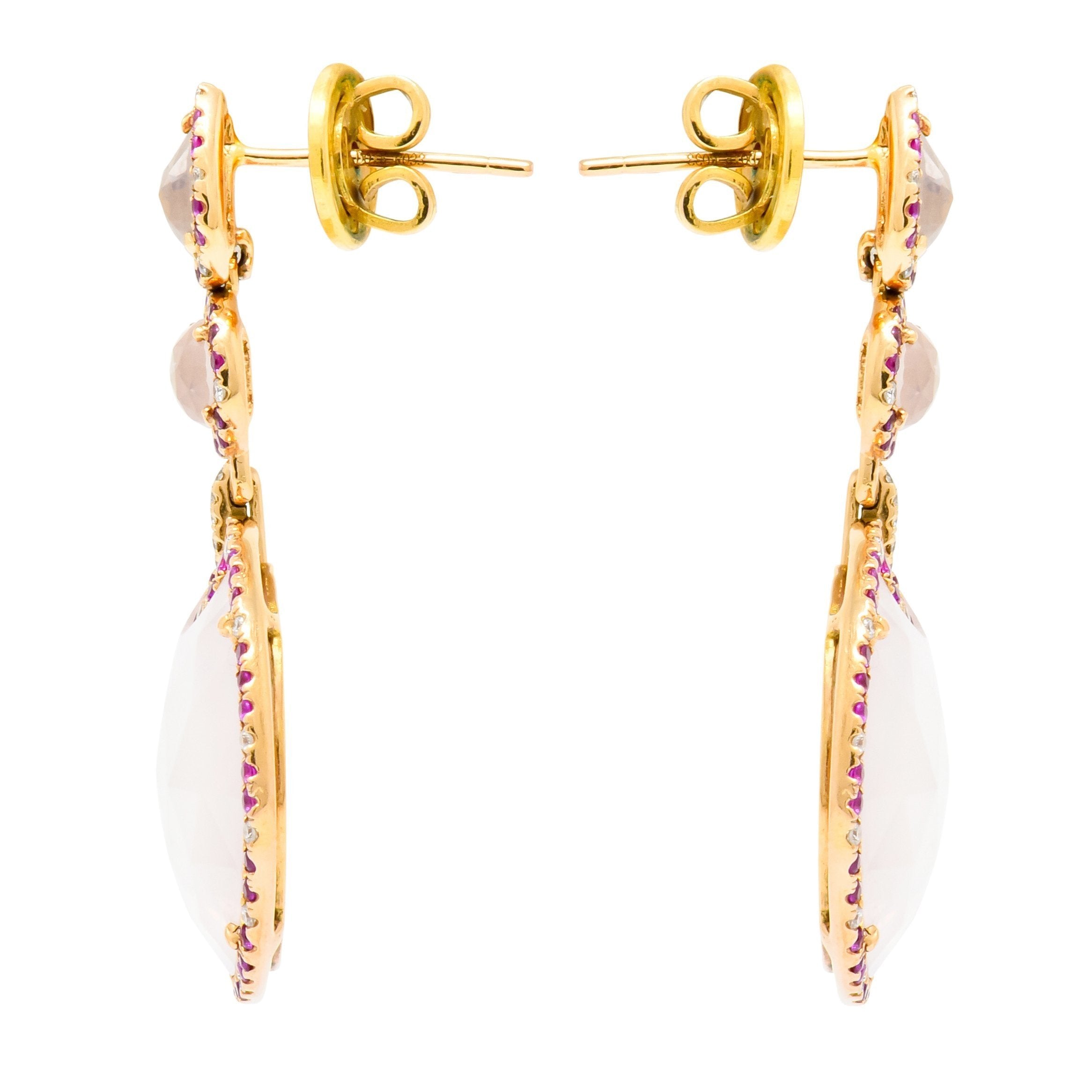 Contemporary Rose Quartz Ruby Diamond 18 Karat Rose Gold Drop Earrings - Wilson's Estate Jewelry