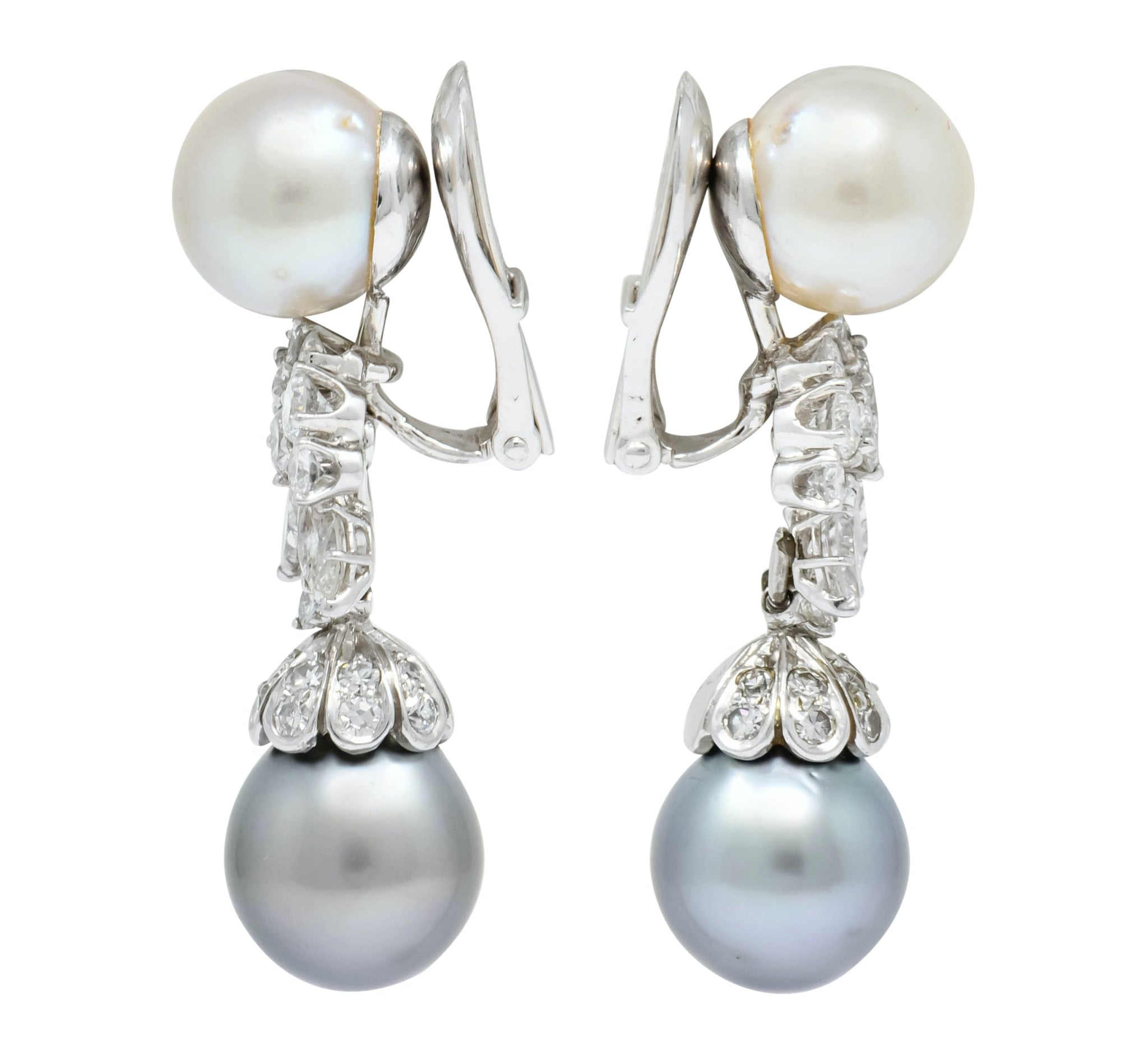 David Webb 2.40 CTW Diamond Cultured Pearl Drop Ear-Clip Earrings - Wilson's Estate Jewelry