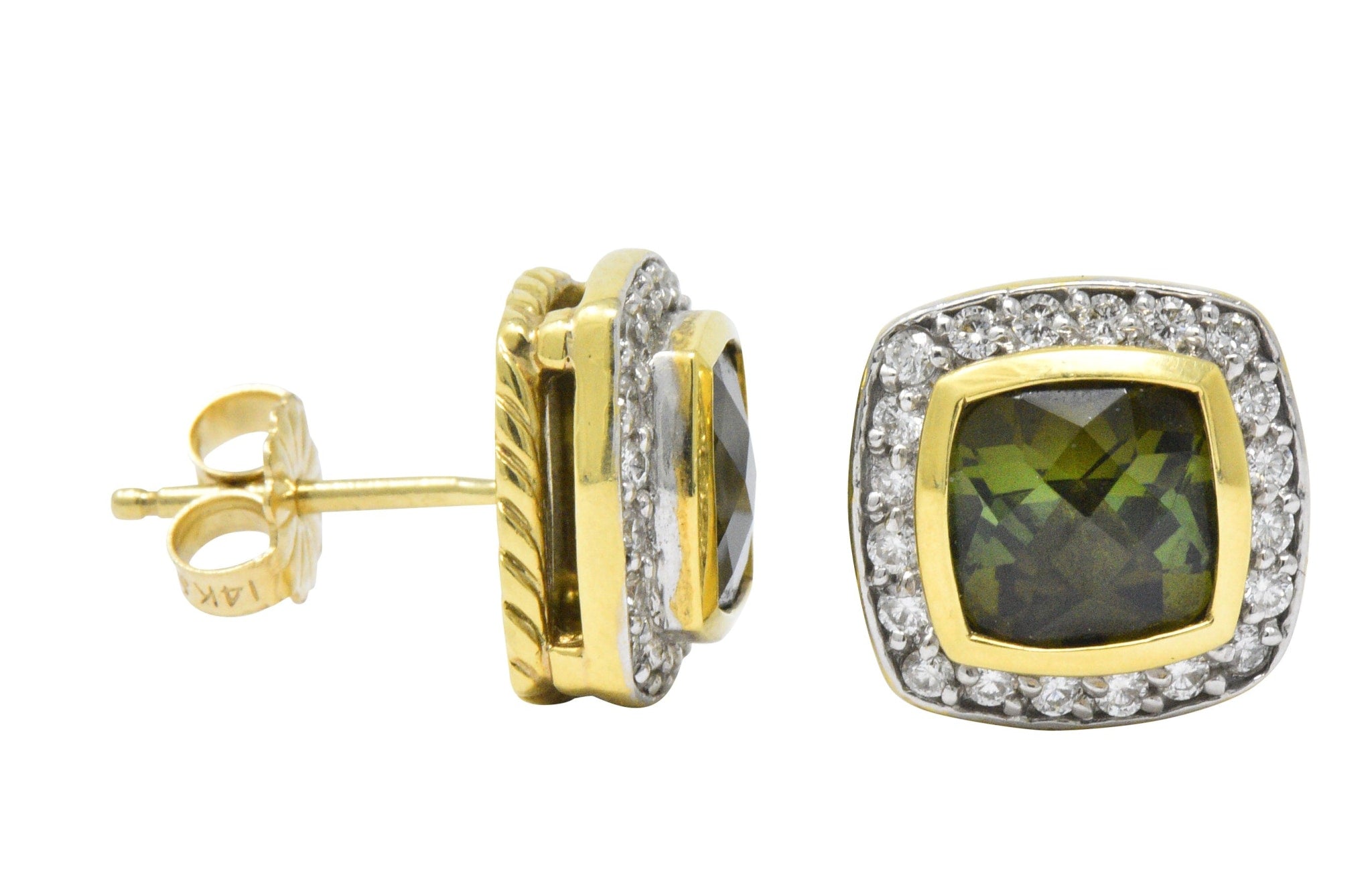 David Yurman 4.80 CTW Diamond Tourmaline 18 Karat Two-Tone Gold Albion Stud Earrings Wilson's Estate Jewelry