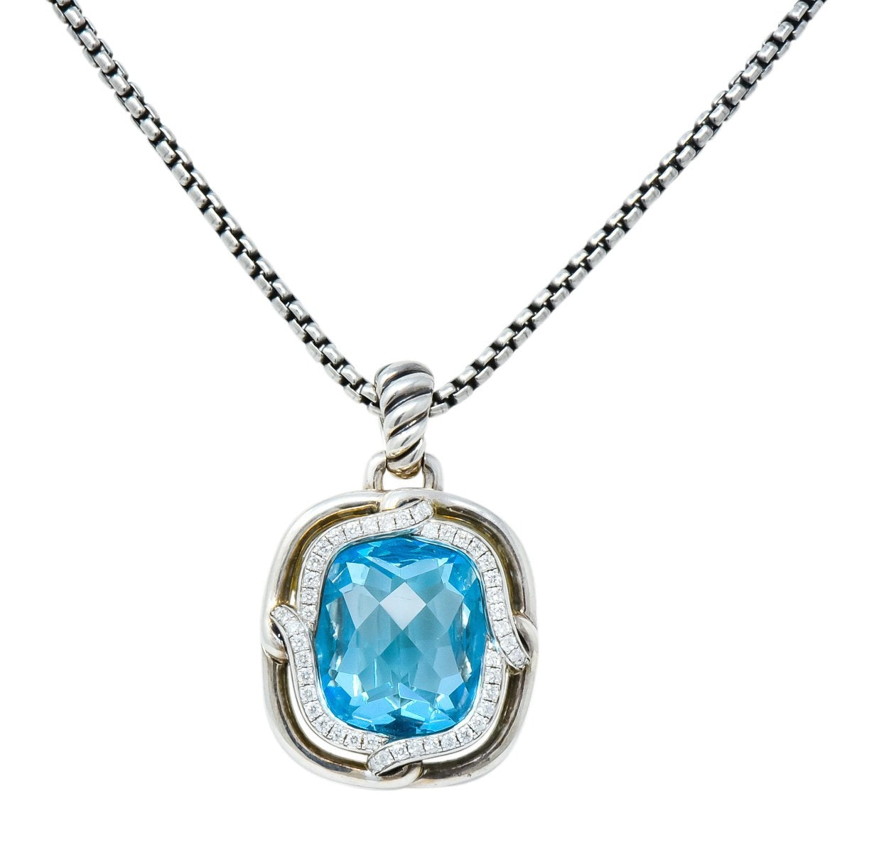 David Yurman Blue Topaz Diamond Sterling Silver 14 Karat Gold Labyrinth Enhancer Necklace - Wilson's Estate Jewelry