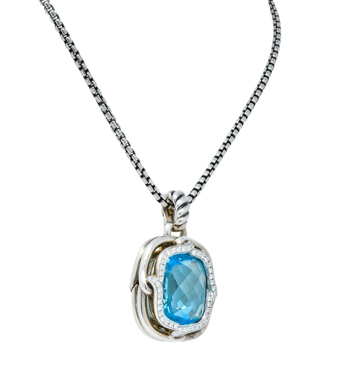 David Yurman Blue Topaz Diamond Sterling Silver 14 Karat Gold Labyrinth Enhancer Necklace - Wilson's Estate Jewelry