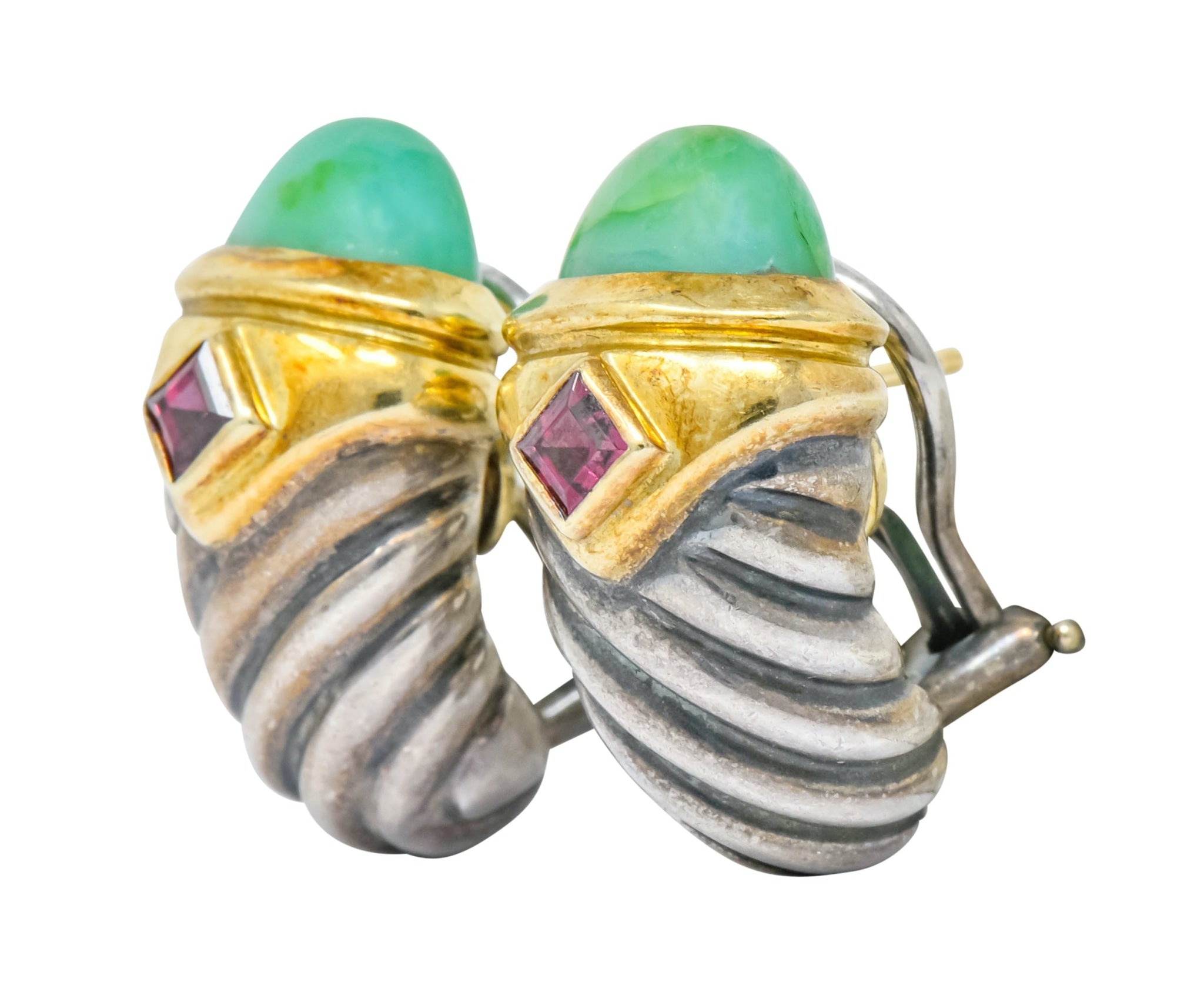 David Yurman Chrysoprase Garnet 14 Karat Gold Sterling Silver Renaissance Earrings - Wilson's Estate Jewelry