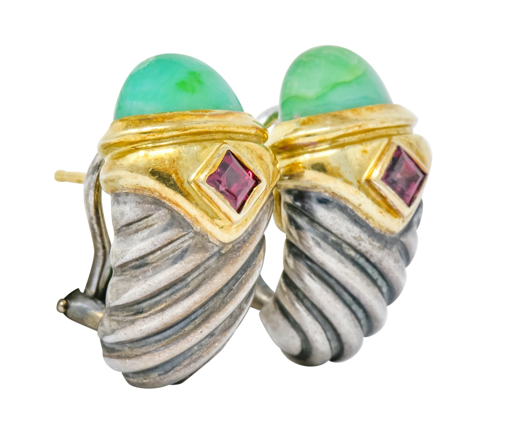 David Yurman Chrysoprase Garnet 14 Karat Gold Sterling Silver Renaissance Earrings - Wilson's Estate Jewelry