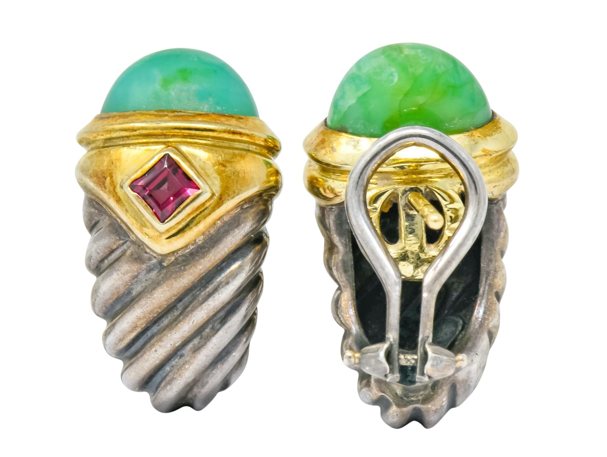 David Yurman Chrysoprase Garnet 14 Karat Gold Sterling Silver Renaissance Earrings - Wilson's Estate Jewelry