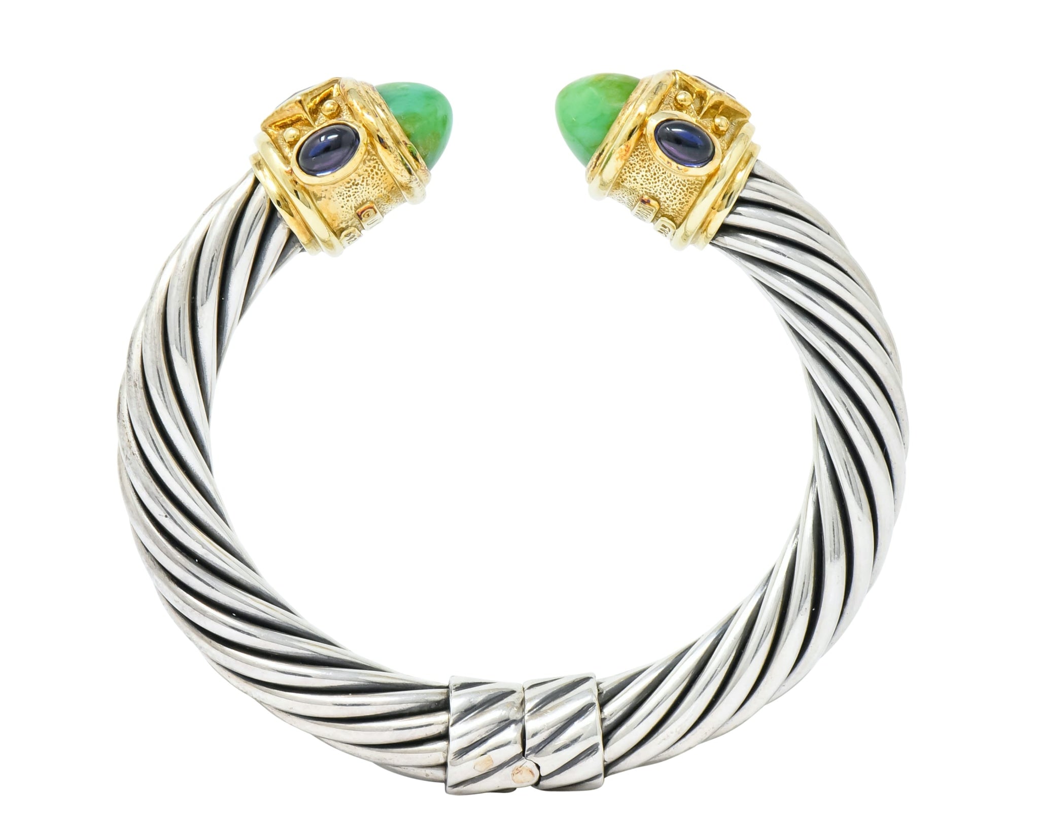 David Yurman Chrysoprase Iolite Garnet 14 Karat Gold Sterling Silver Renaissance Cuff Bracelet - Wilson's Estate Jewelry