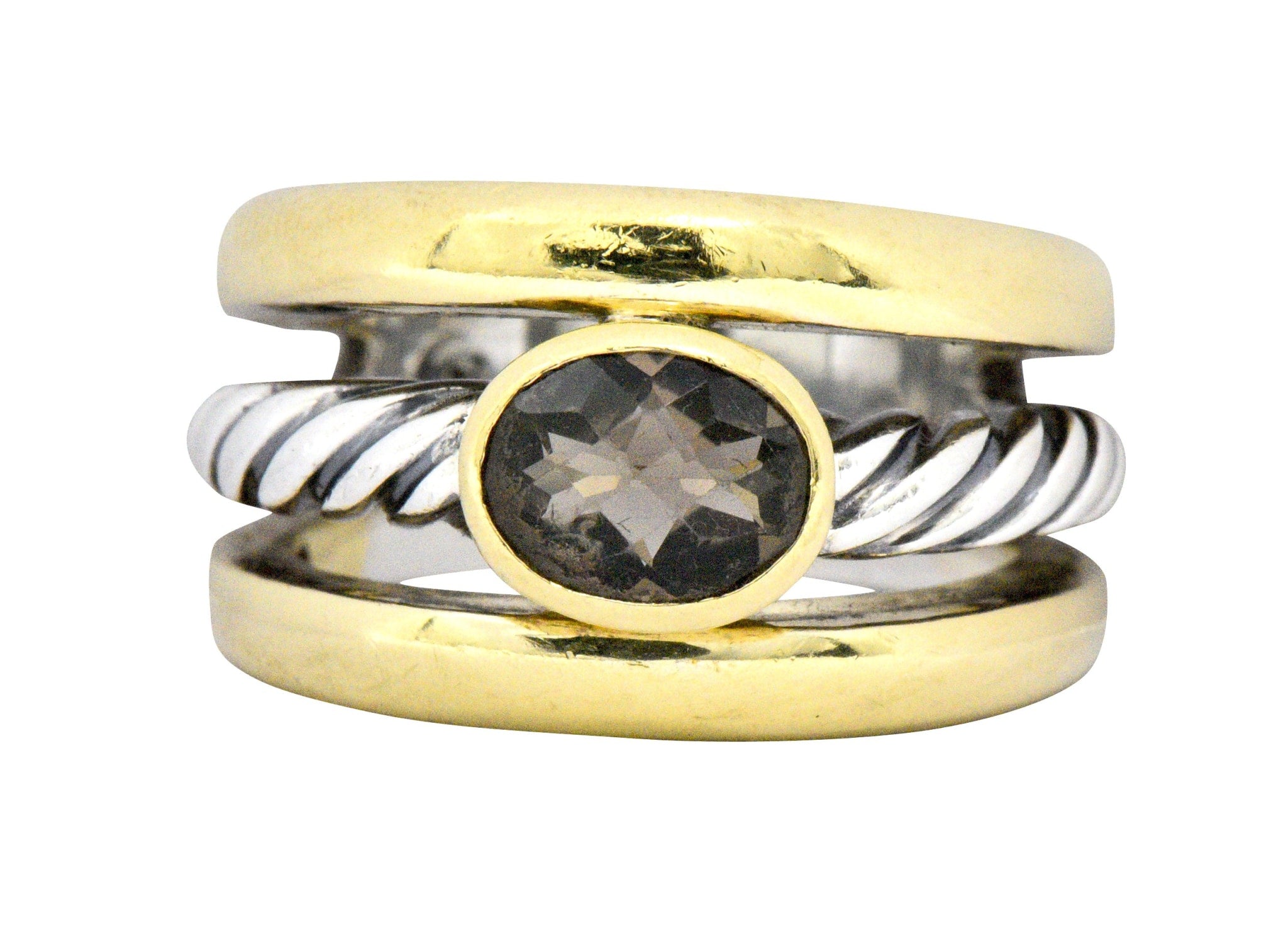 David Yurman Contemporary Smoky Quartz 18 Karat Gold Sterling Silver Ring Wilson's Estate Jewelry