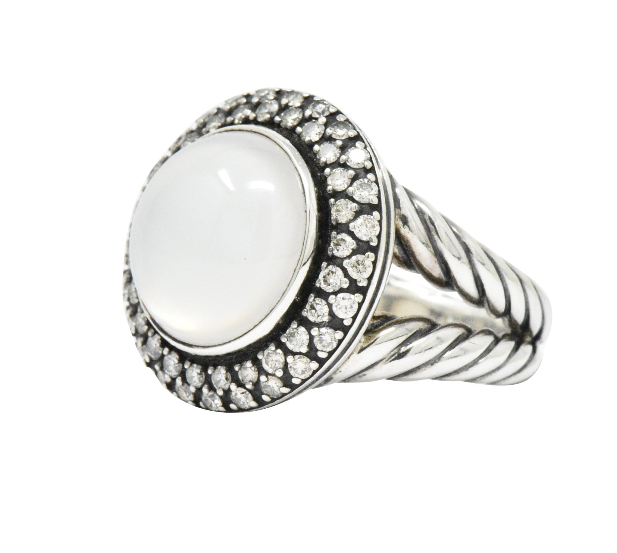 David Yurman Moonstone Mother Of Pearl .65 CTW Diamond Cable Twist Sterling Silver Ring Wilson's Estate Jewelry