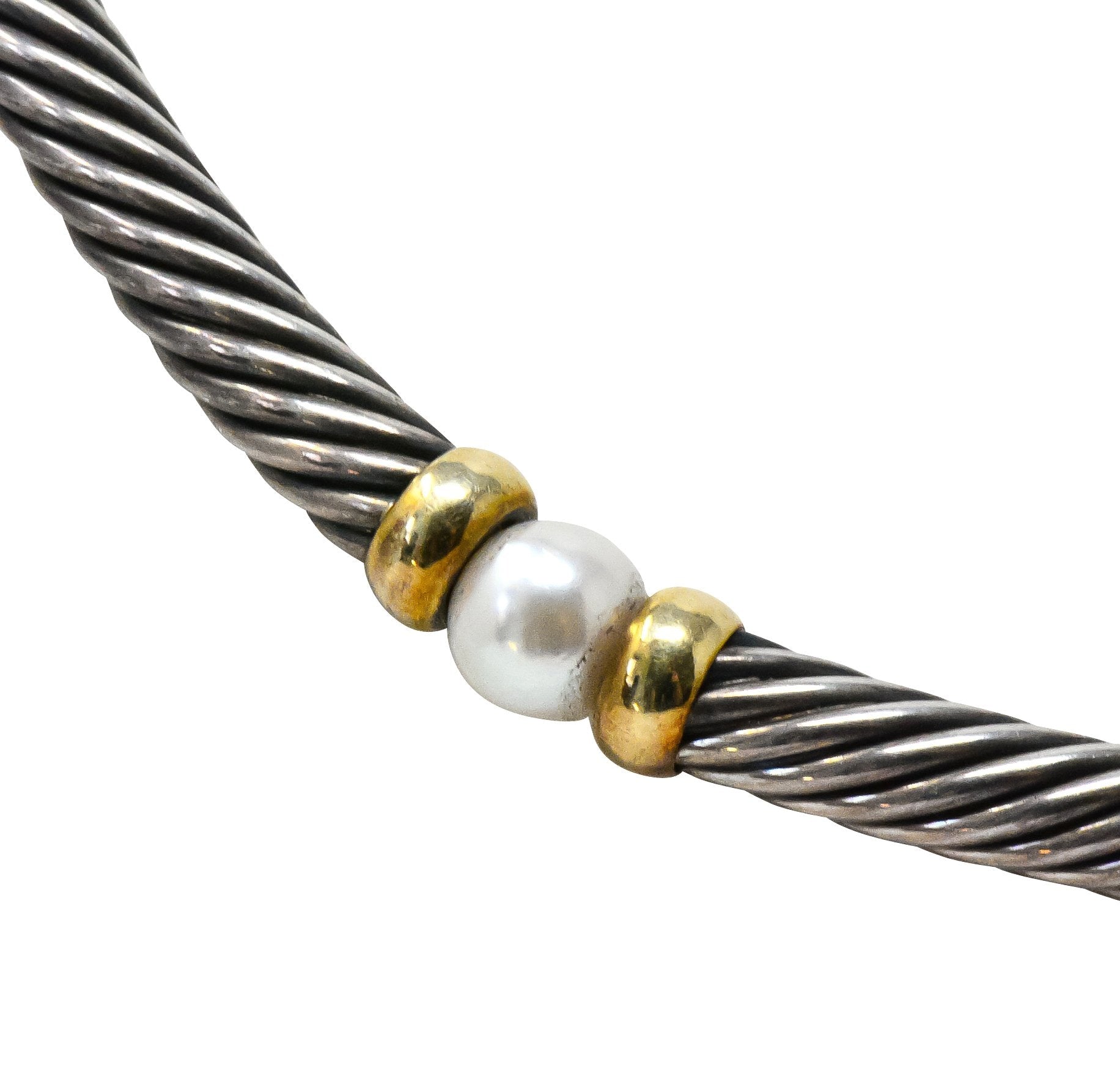 David Yurman Round Pearl Sterling Silver 14 Karat Gold Hampton Cable Necklace - Wilson's Estate Jewelry