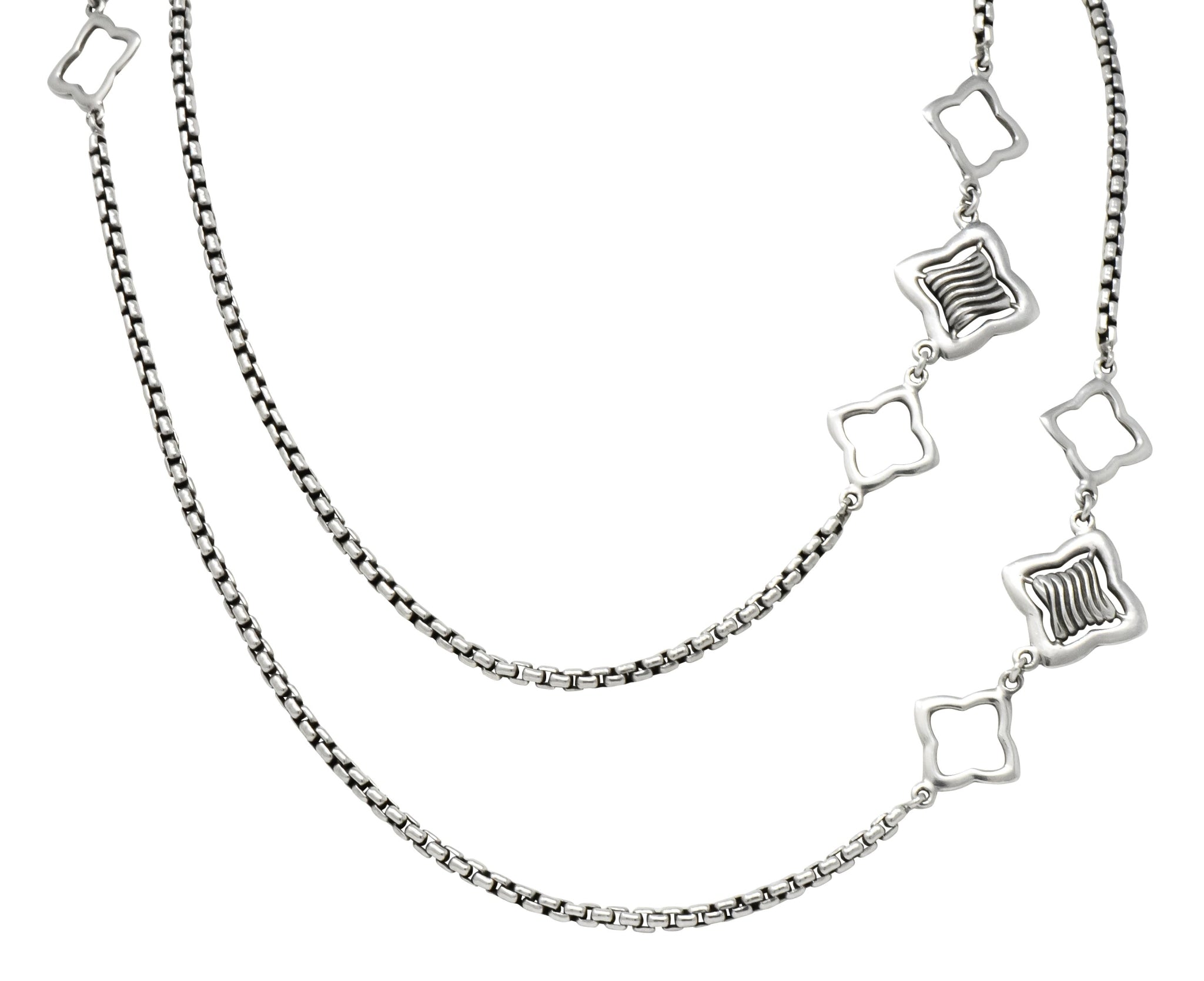 David Yurman Sterling Silver 18 Karat Gold Long Quatrefoil Chain Necklace - Wilson's Estate Jewelry