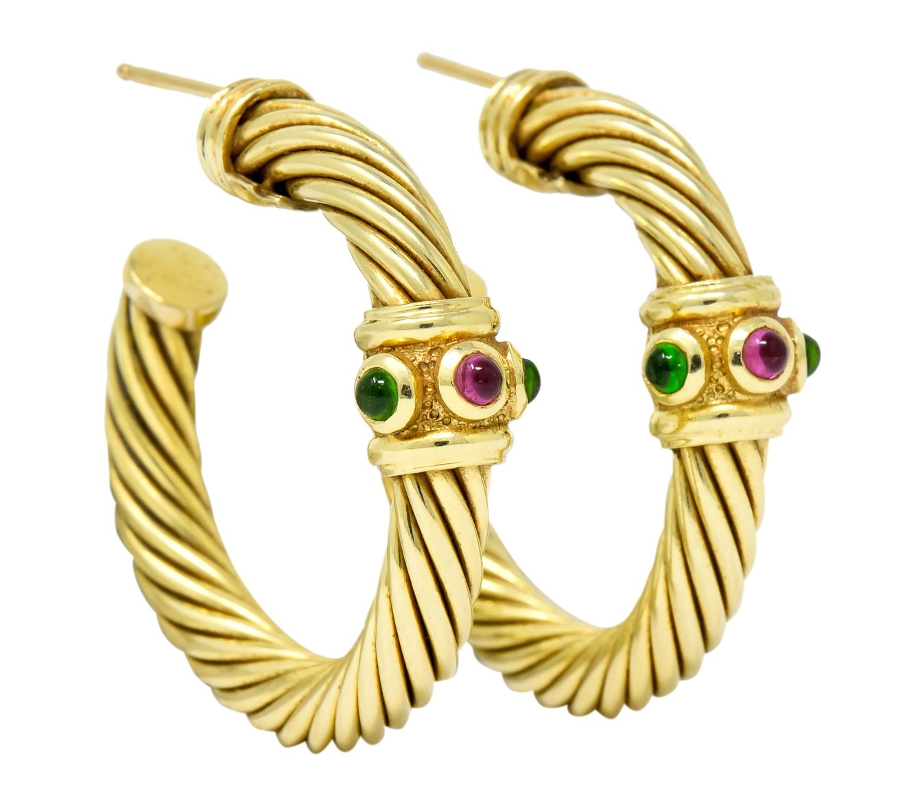 David Yurman Tourmaline Rhodolite Garnet 14 Karat Yellow Gold Hoop Earrings - Wilson's Estate Jewelry