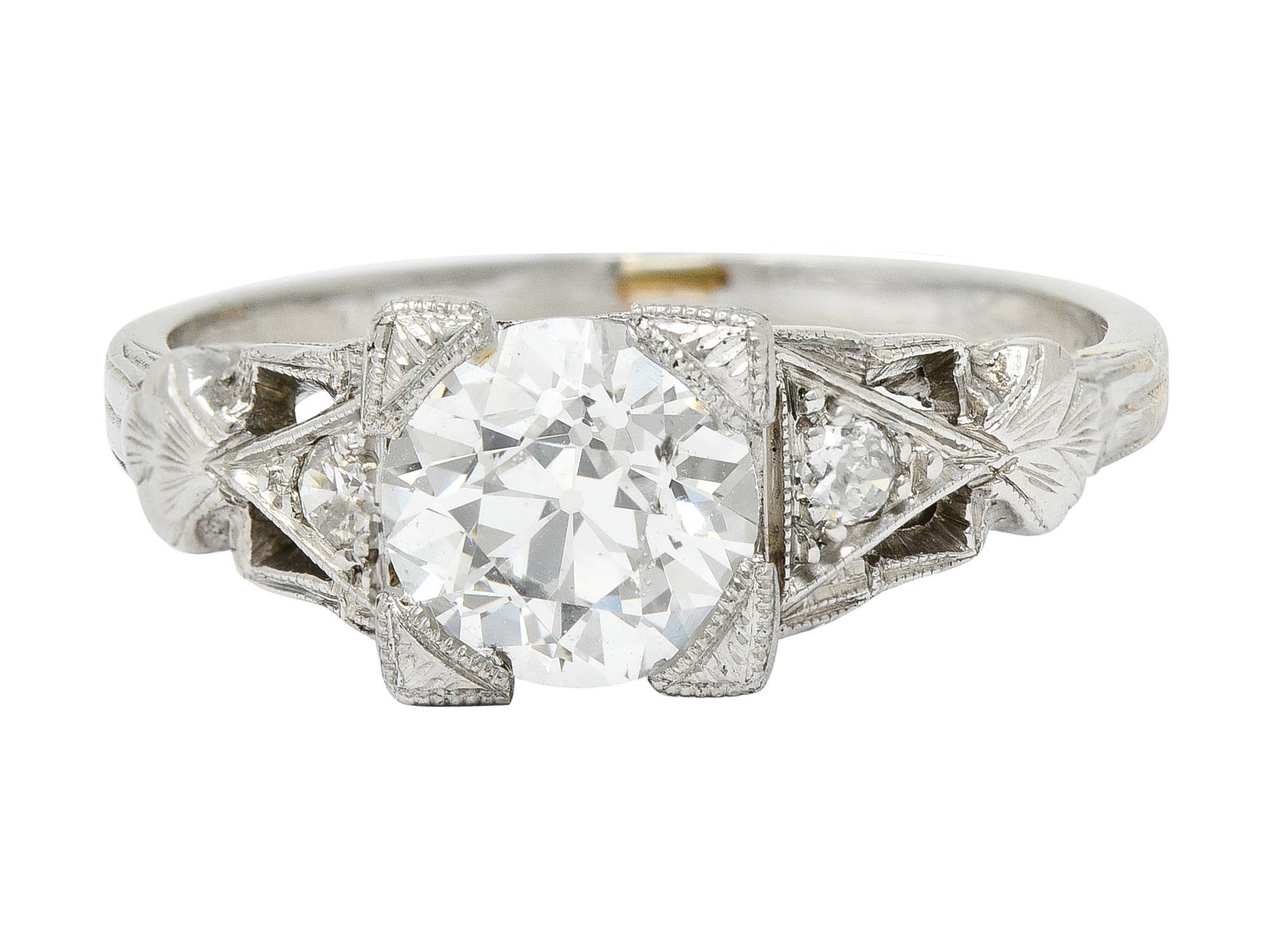 Art Deco 1.12 CTW Diamond Platinum Geometric Foliate Engagement Ring GIARing - Wilson's Estate Jewelry