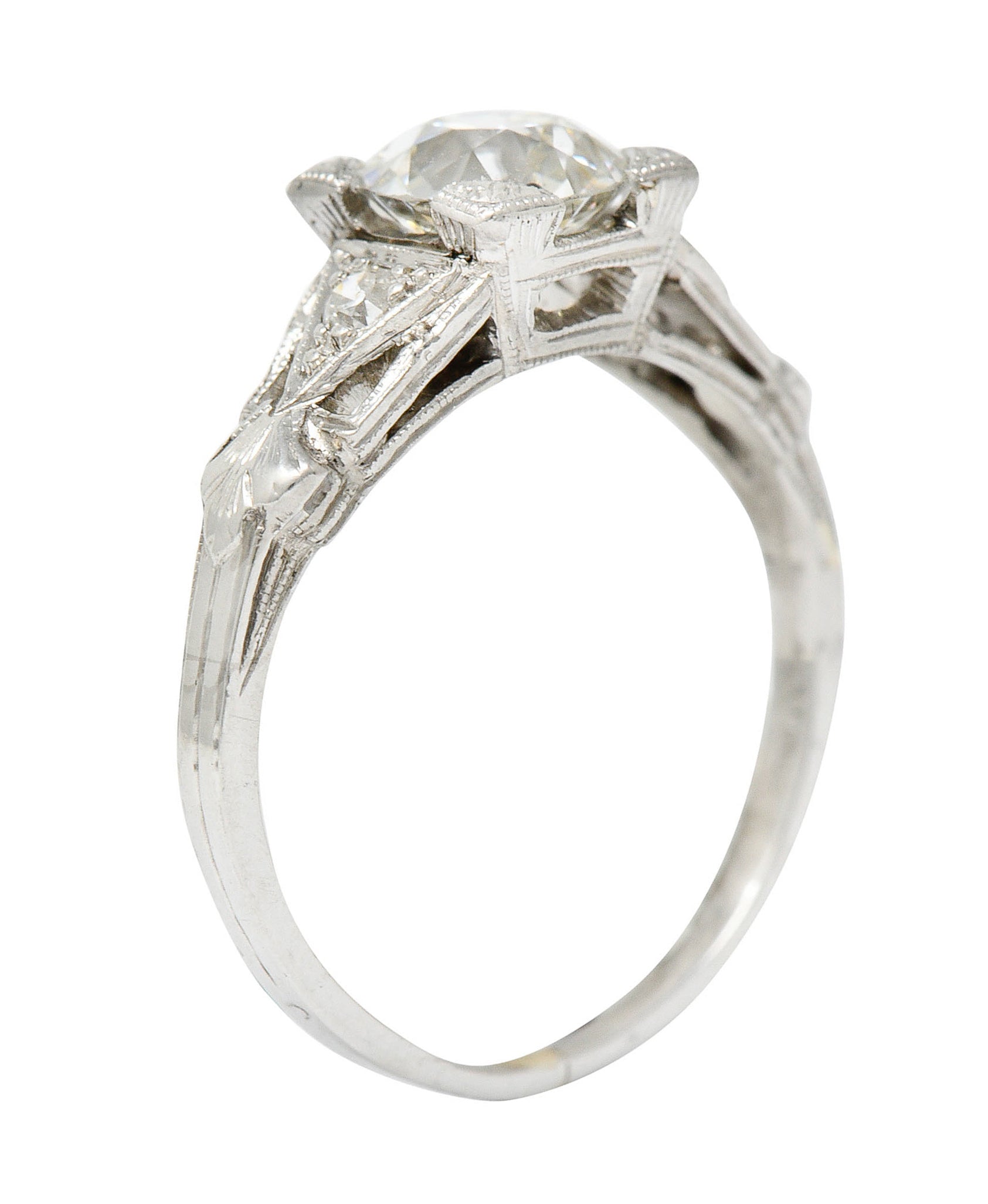 Art Deco 1.12 CTW Diamond Platinum Geometric Foliate Engagement Ring GIARing - Wilson's Estate Jewelry