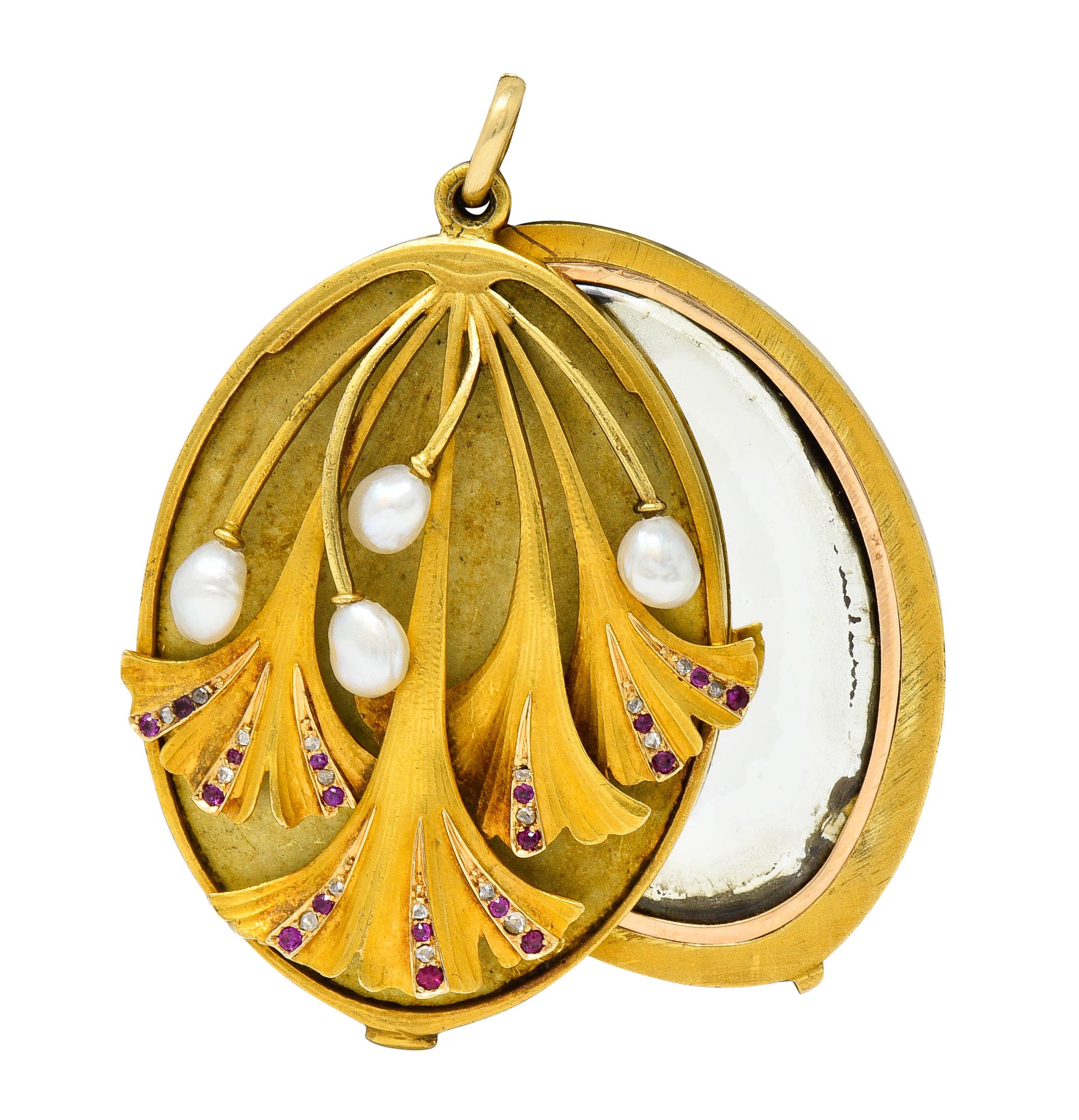 Large Art Nouveau Pearl Ruby Diamond 18 Karat Two-Tone Ginkgo Mirror Locket PendantNecklace - Wilson's Estate Jewelry