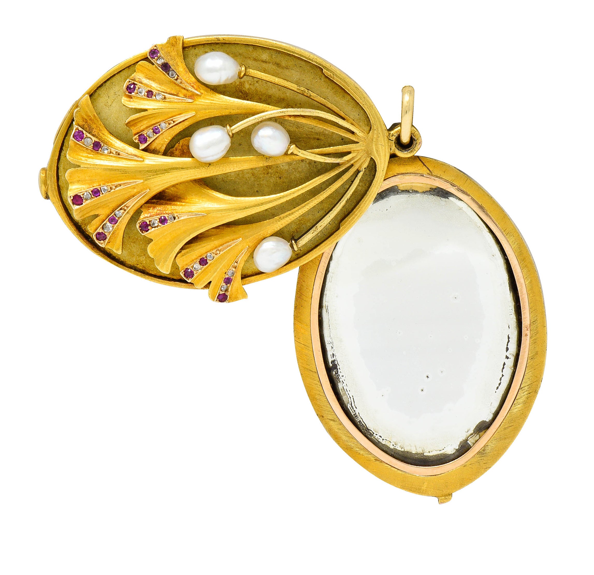 Large Art Nouveau Pearl Ruby Diamond 18 Karat Two-Tone Ginkgo Mirror Locket PendantNecklace - Wilson's Estate Jewelry