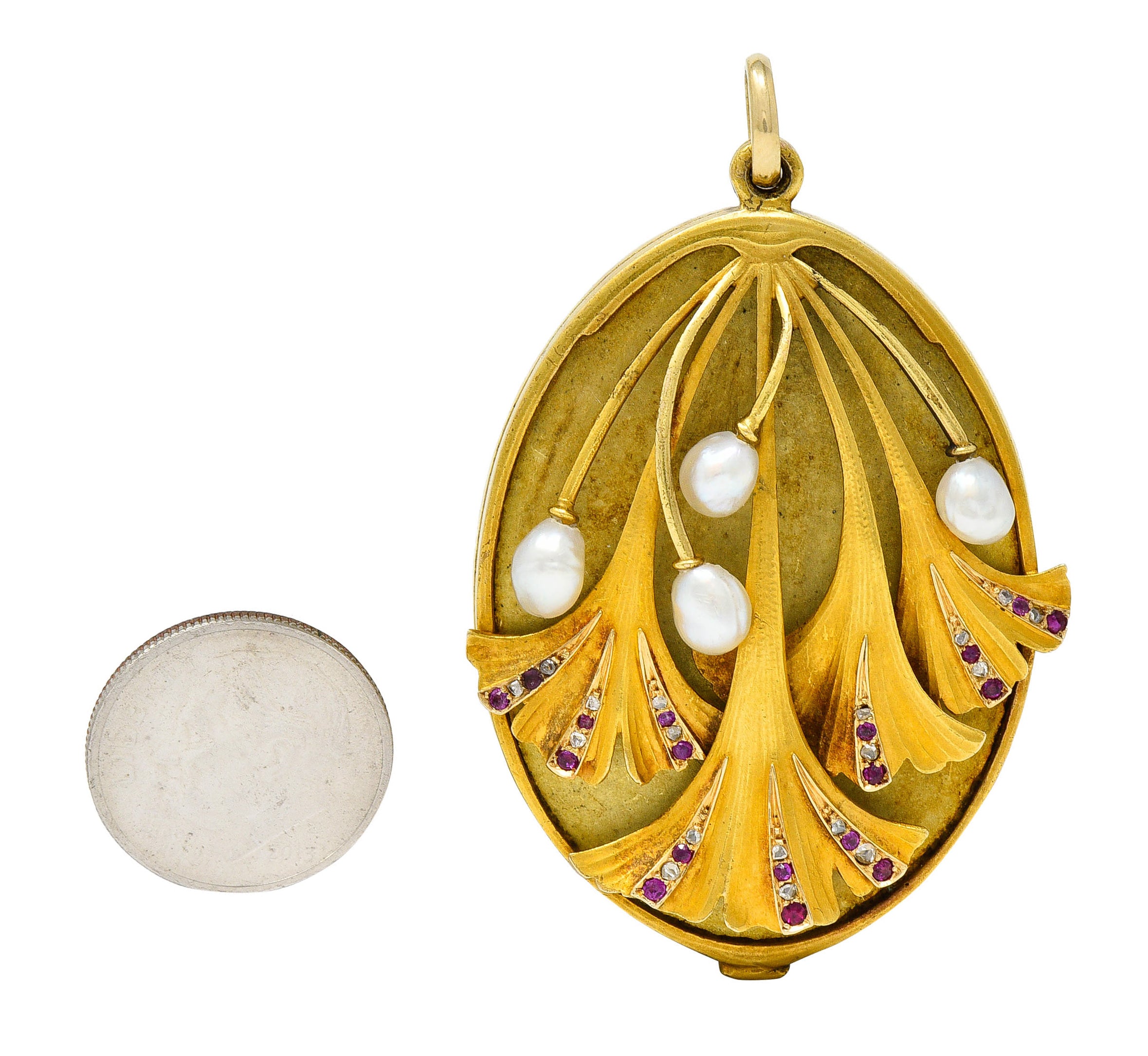 Large Art Nouveau Pearl Ruby Diamond 18 Karat Two-Tone Ginkgo Mirror Locket PendantNecklace - Wilson's Estate Jewelry