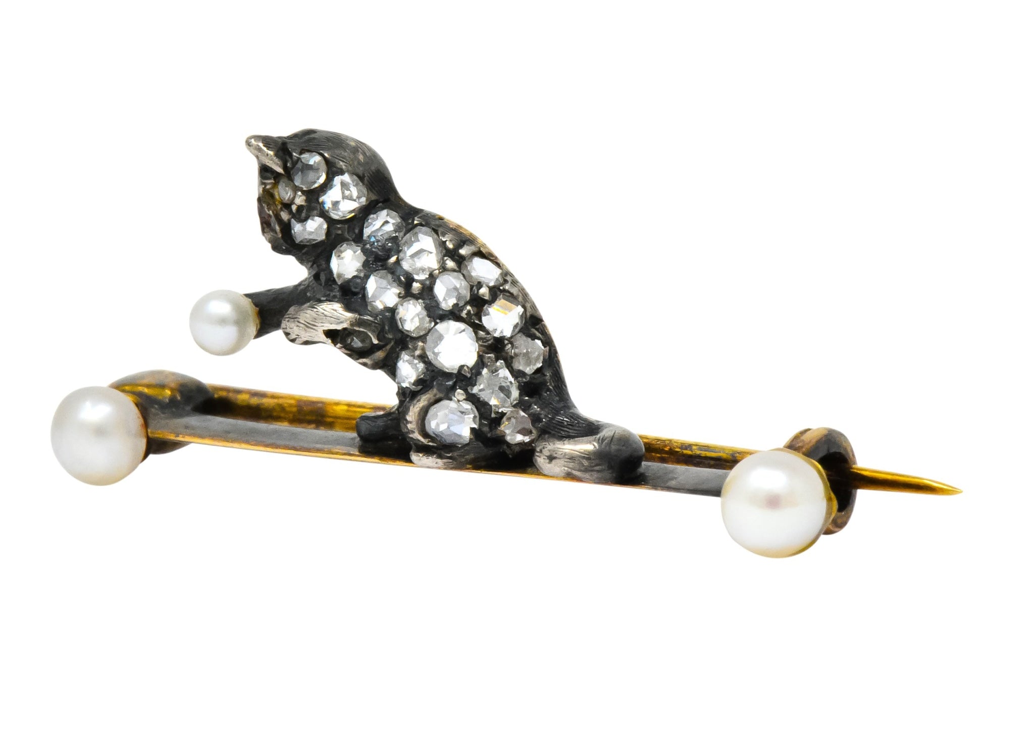 Early Victorian Diamond Pearl Silver-Topped 18 Karat Gold Cat / Kitten Brooch - Wilson's Estate Jewelry