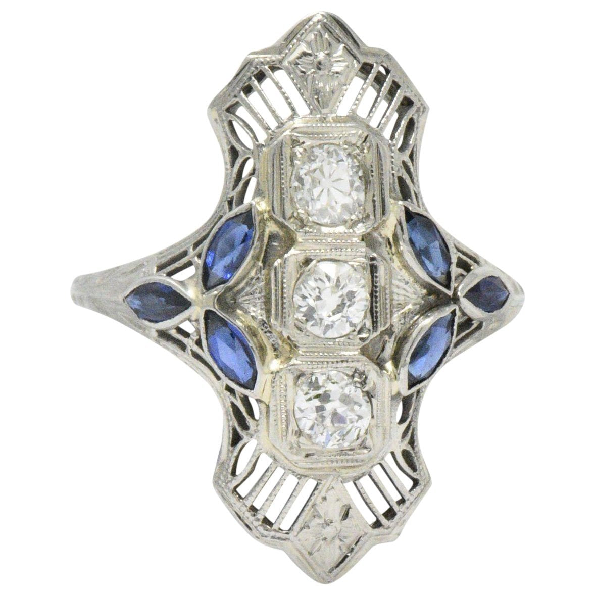 Edwardian 0.35 CTW Diamond Synthetic Sapphire 18 Karat White Gold Dinner Ring Wilson's Estate Jewelry