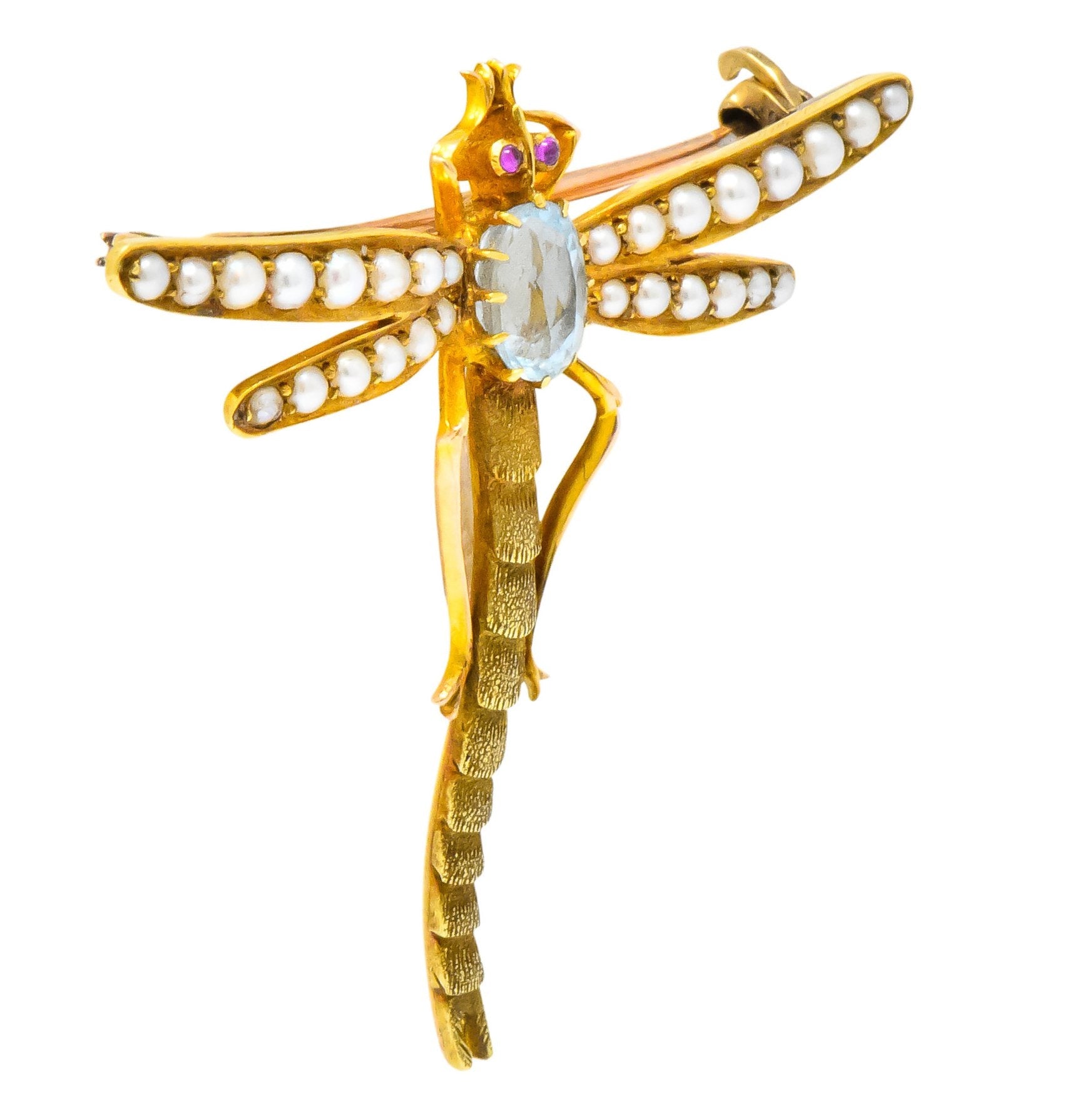 Edwardian 0.75 CTW Aquamarine Seed Pearl 14 Karat Gold Dragonfly Brooch - Wilson's Estate Jewelry