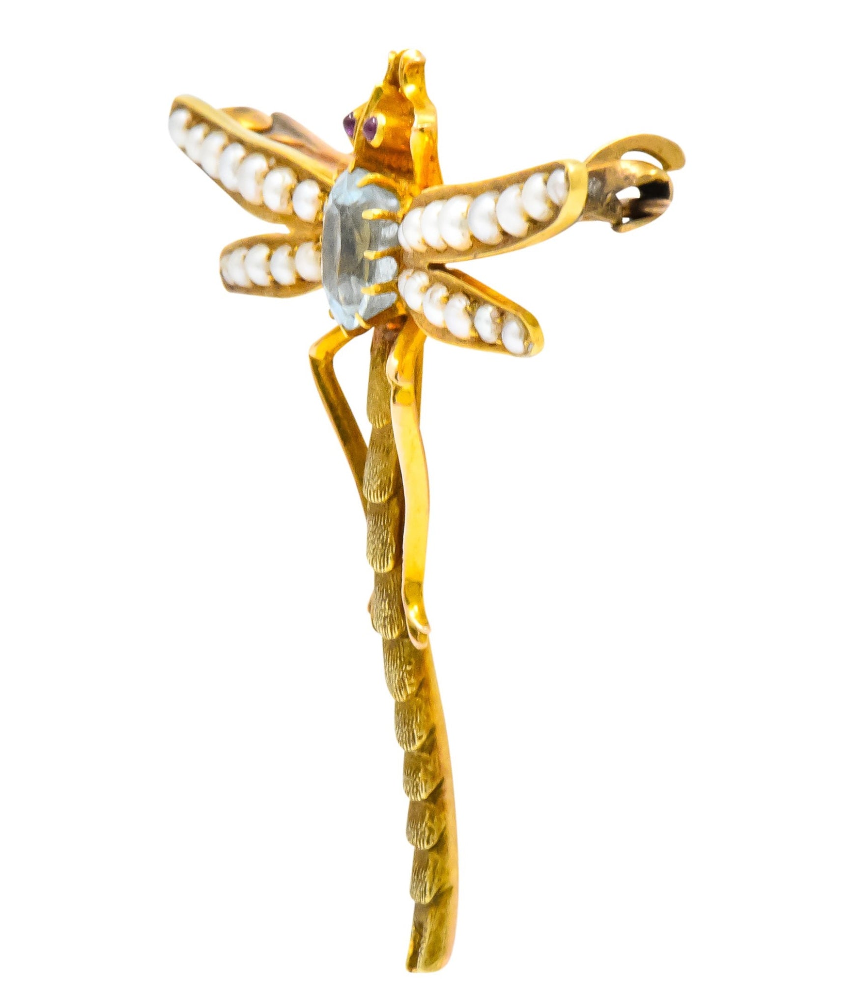 Edwardian 0.75 CTW Aquamarine Seed Pearl 14 Karat Gold Dragonfly Brooch - Wilson's Estate Jewelry