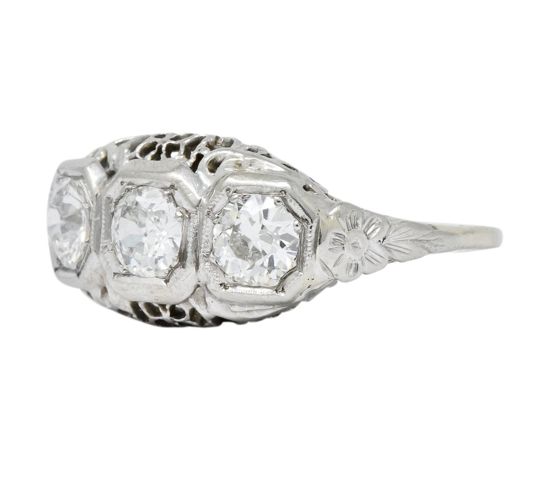 Edwardian 1.00 CTW Diamond Platinum-Topped 14 Karat White Gold Three Stone Ring - Wilson's Estate Jewelry