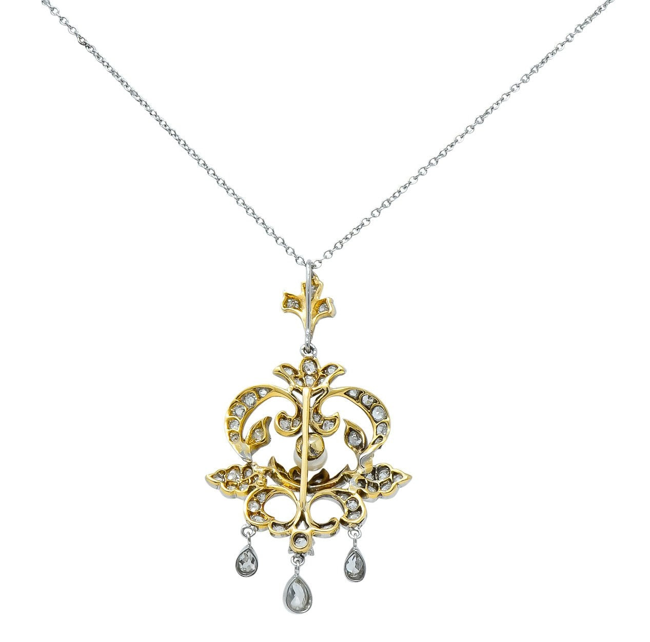 Edwardian 1.20 CTW Diamond Pearl Platinum-Topped 14 Karat Gold Pendant Necklace - Wilson's Estate Jewelry