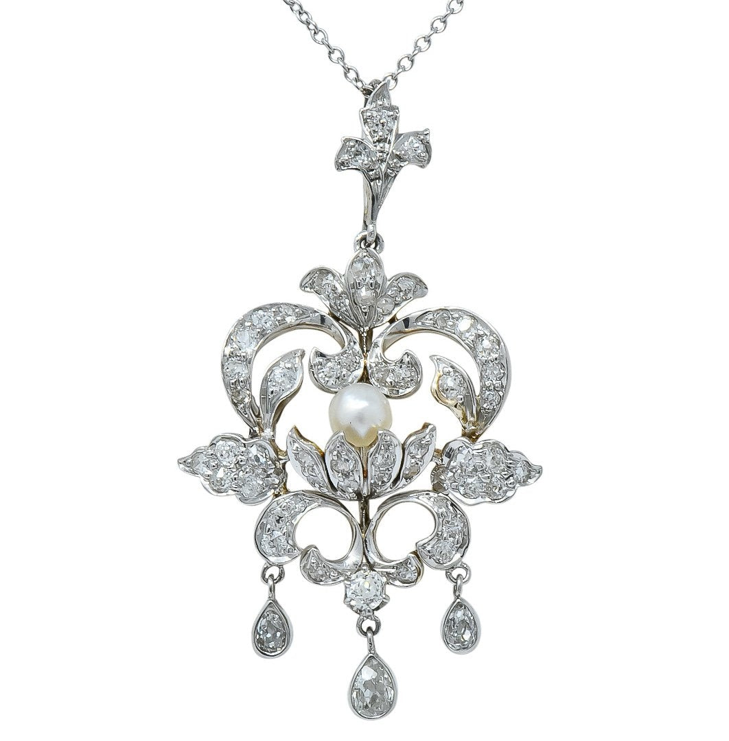 Edwardian 1.20 CTW Diamond Pearl Platinum-Topped 14 Karat Gold Pendant Necklace - Wilson's Estate Jewelry