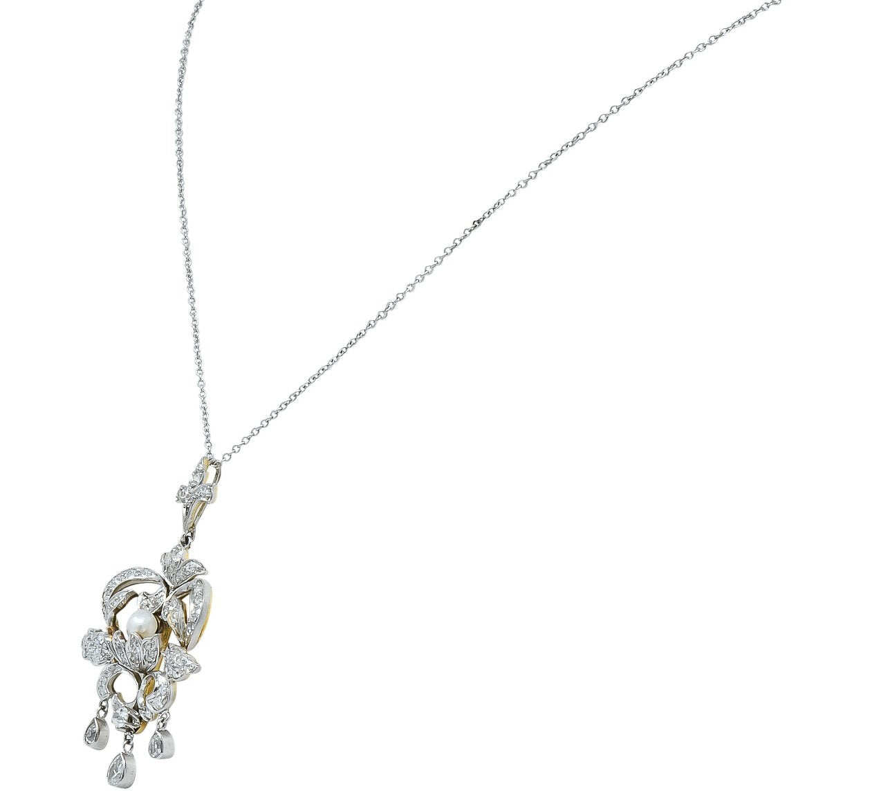 Edwardian 1.20 CTW Diamond Pearl Platinum-Topped 14 Karat Gold Pendant Necklace - Wilson's Estate Jewelry