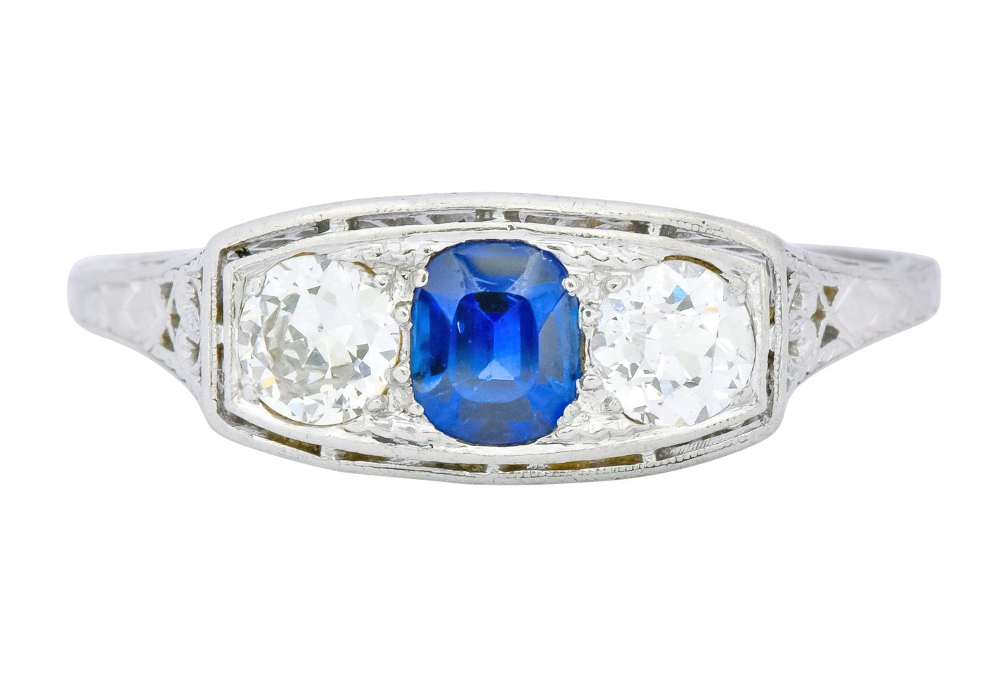 Edwardian 1.38 CTW Diamond Sapphire Platinum Three Stone Band Ring - Wilson's Estate Jewelry