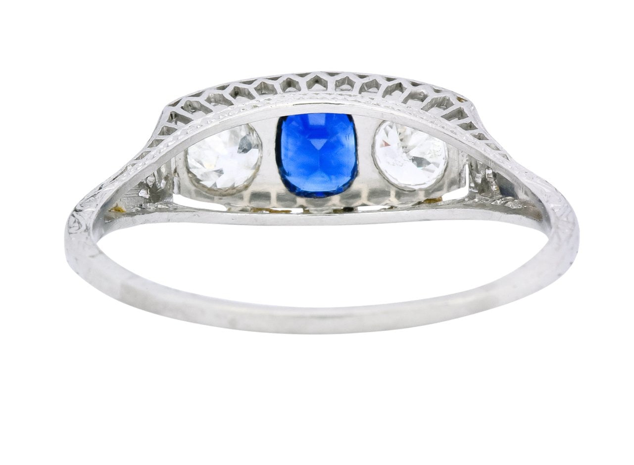 Edwardian 1.38 CTW Diamond Sapphire Platinum Three Stone Band Ring - Wilson's Estate Jewelry