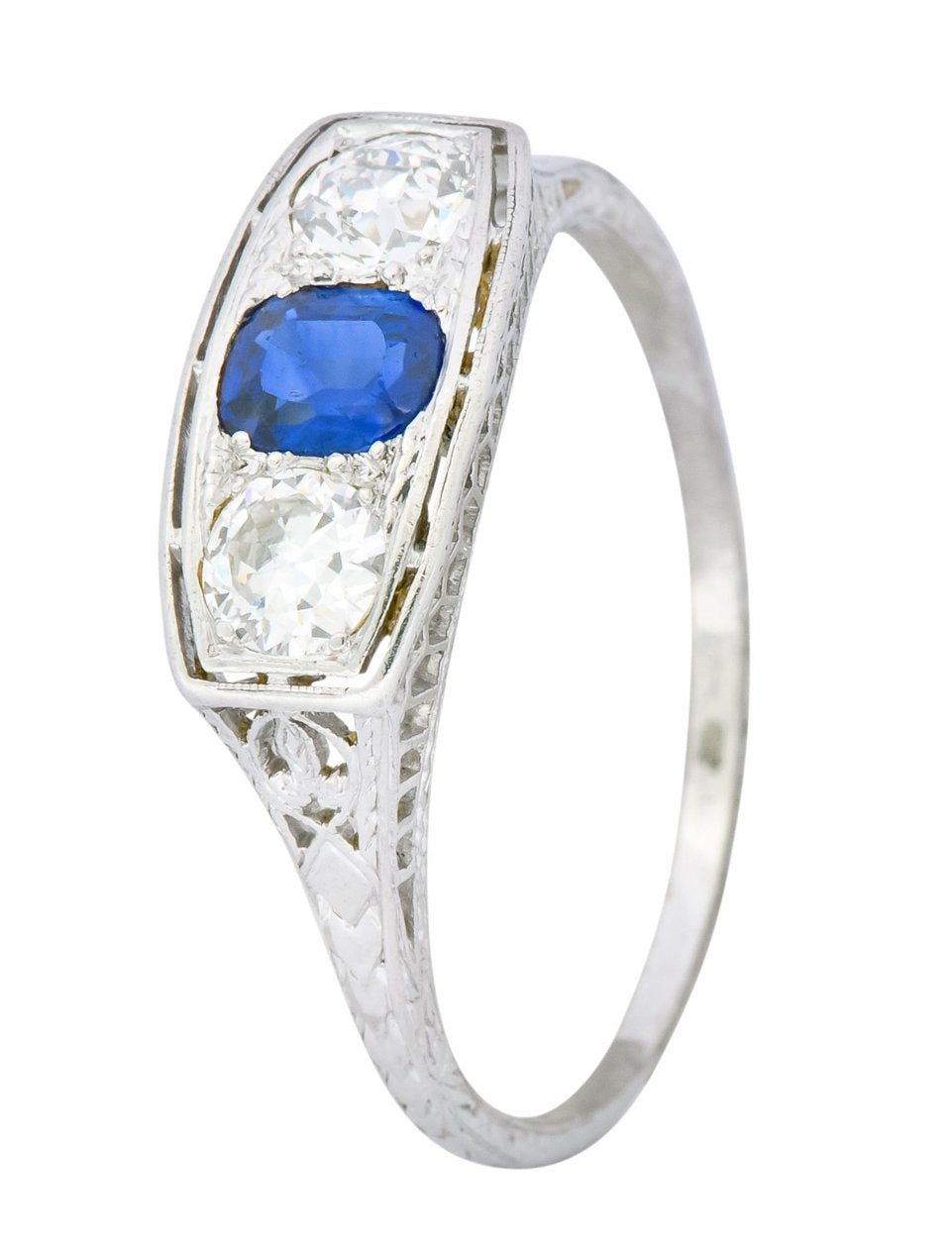 Edwardian 1.38 CTW Diamond Sapphire Platinum Three Stone Band Ring - Wilson's Estate Jewelry