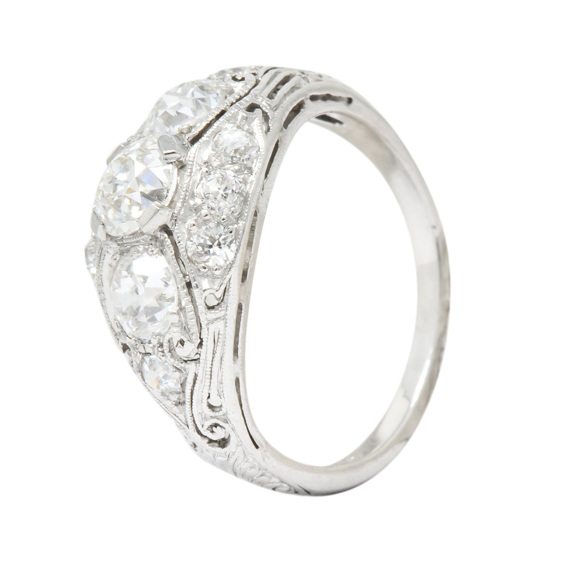 Edwardian 1.45 CTW Old European Diamond Platinum Three Stone Ring - Wilson's Estate Jewelry