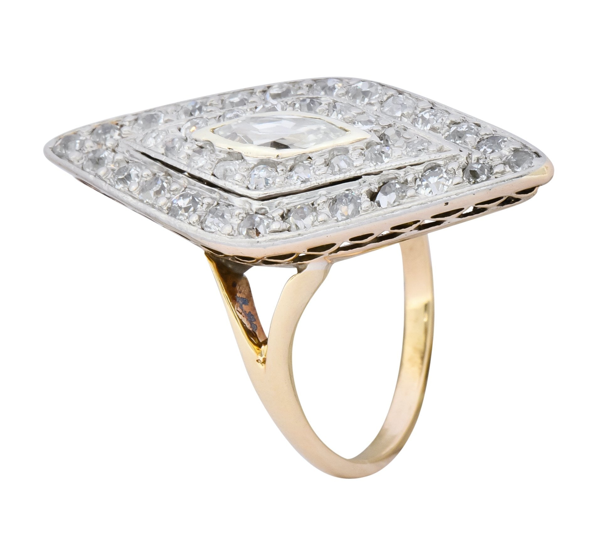 Edwardian 1.60 CTW Diamond Platinum-Topped 14 Karat Gold Navette Dinner Ring - Wilson's Estate Jewelry