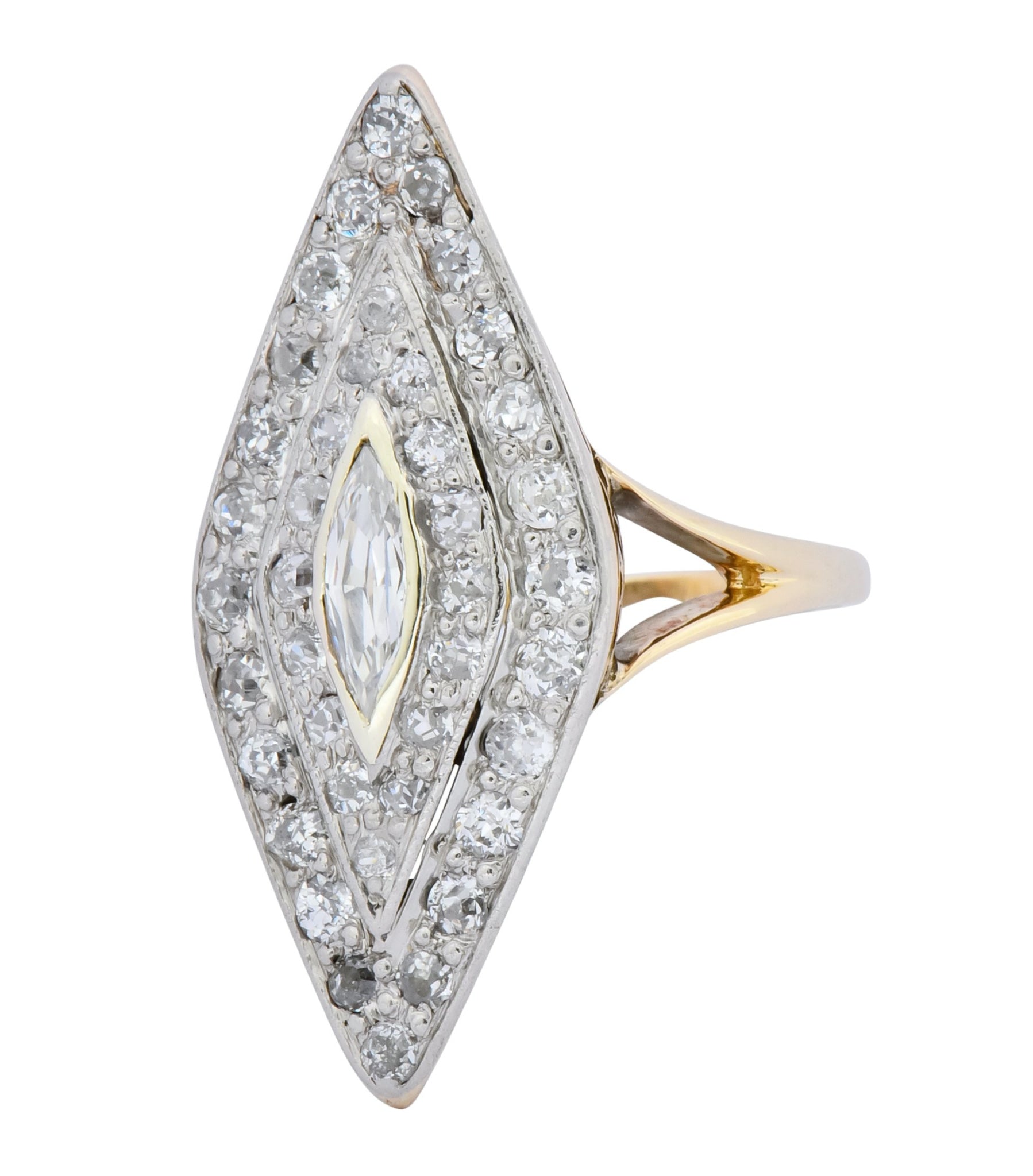 Edwardian 1.60 CTW Diamond Platinum-Topped 14 Karat Gold Navette Dinner Ring - Wilson's Estate Jewelry