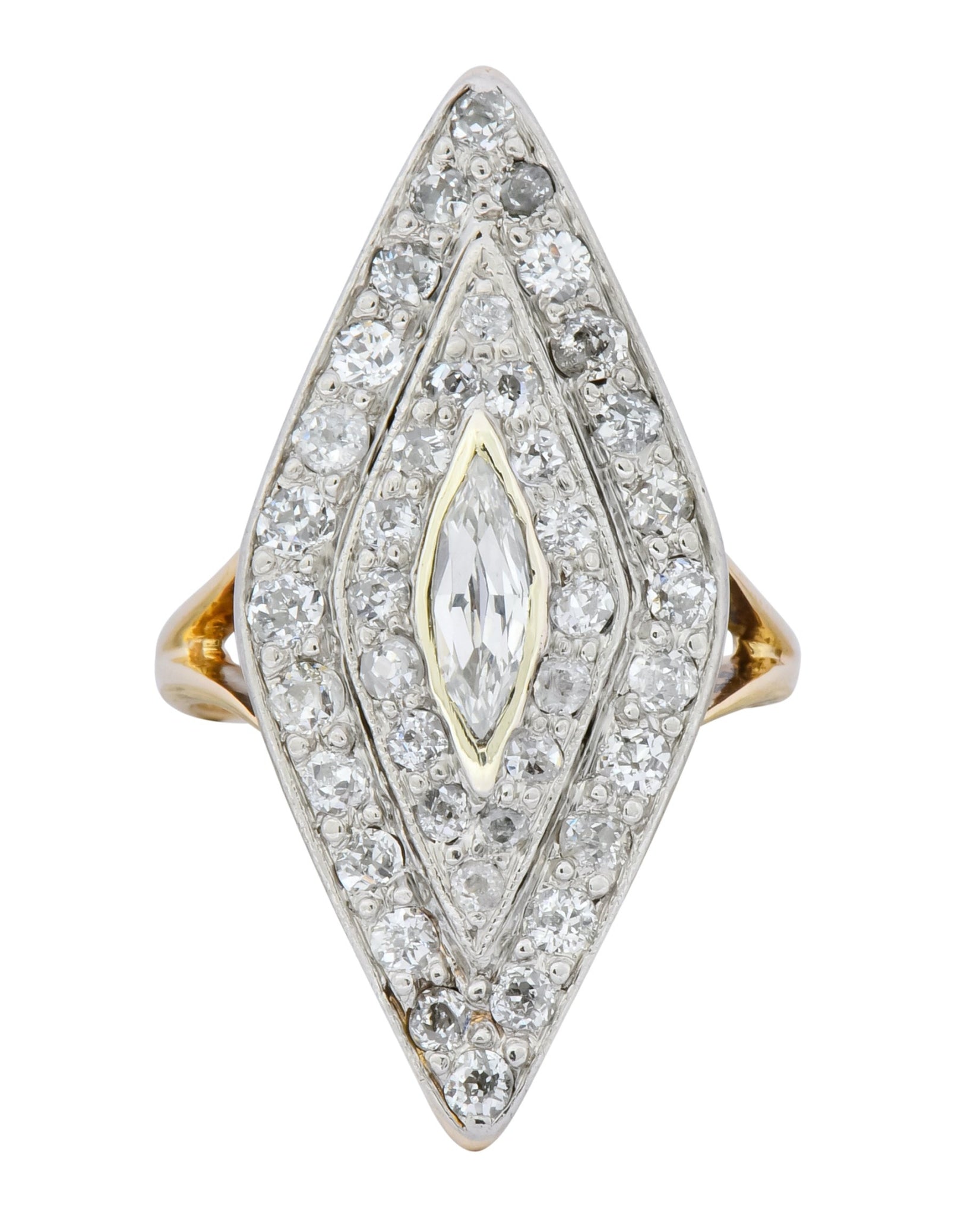 Edwardian 1.60 CTW Diamond Platinum-Topped 14 Karat Gold Navette Dinner Ring - Wilson's Estate Jewelry