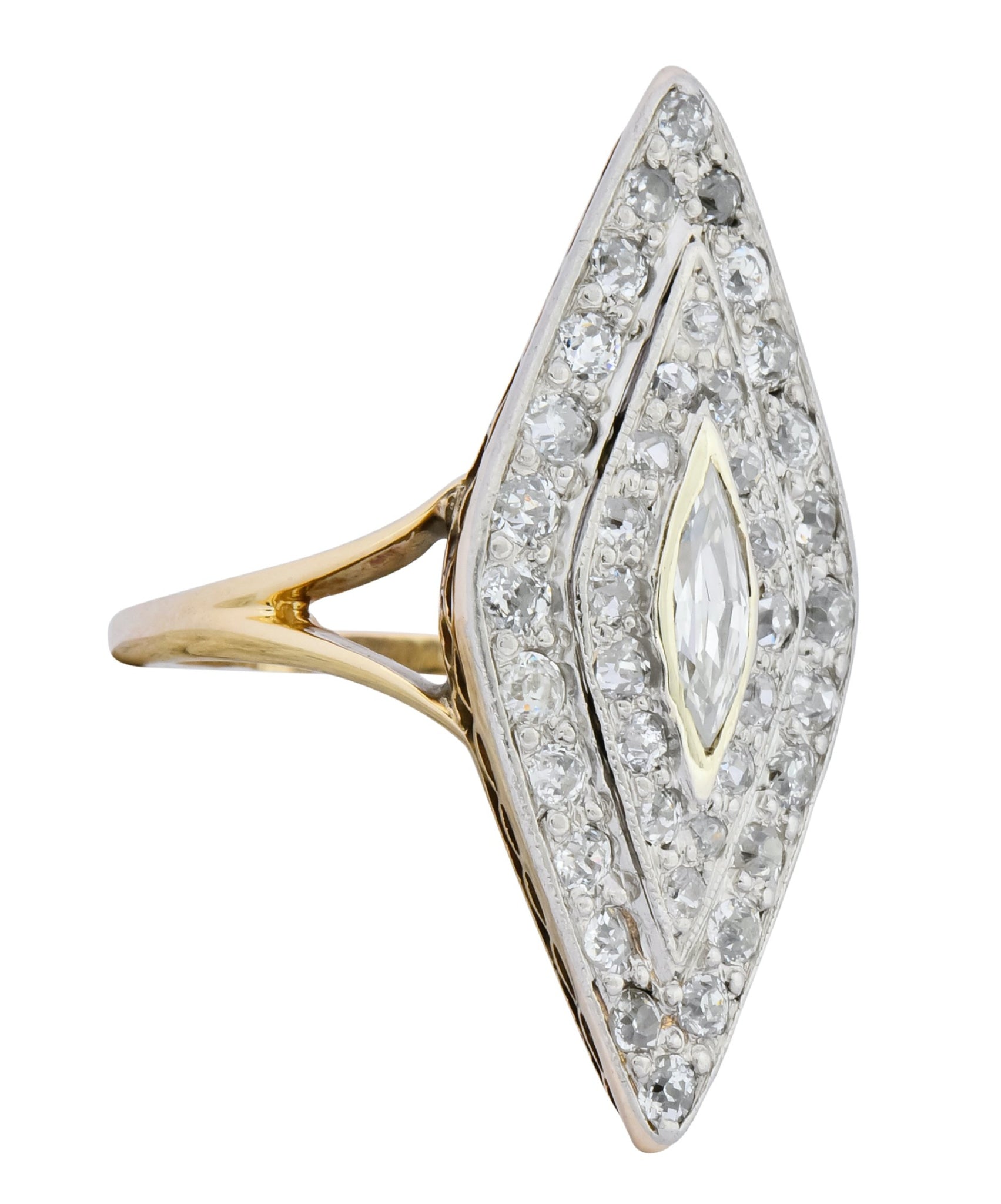 Edwardian 1.60 CTW Diamond Platinum-Topped 14 Karat Gold Navette Dinner Ring - Wilson's Estate Jewelry