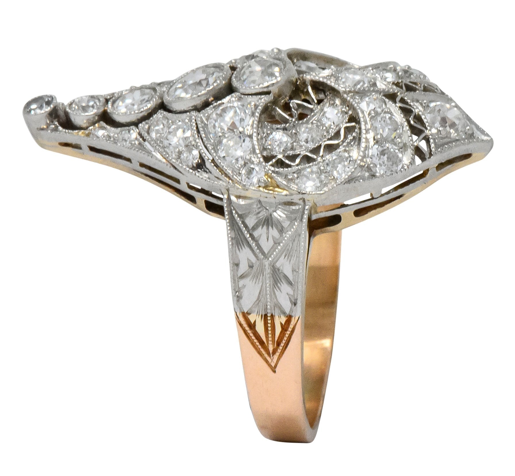 Edwardian 1.60 CTW Old European Diamond Platinum 14 Karat Rose Gold Cocktail Ring - Wilson's Estate Jewelry