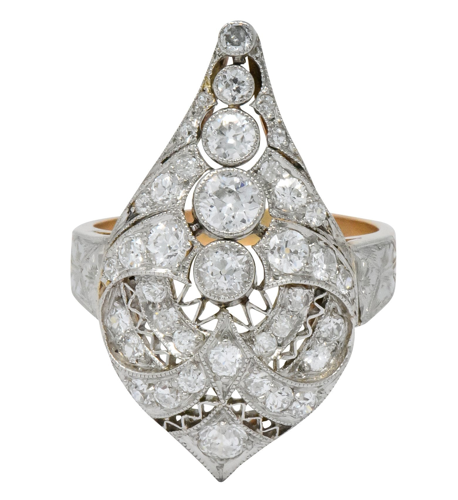 Edwardian 1.60 CTW Old European Diamond Platinum 14 Karat Rose Gold Cocktail Ring - Wilson's Estate Jewelry