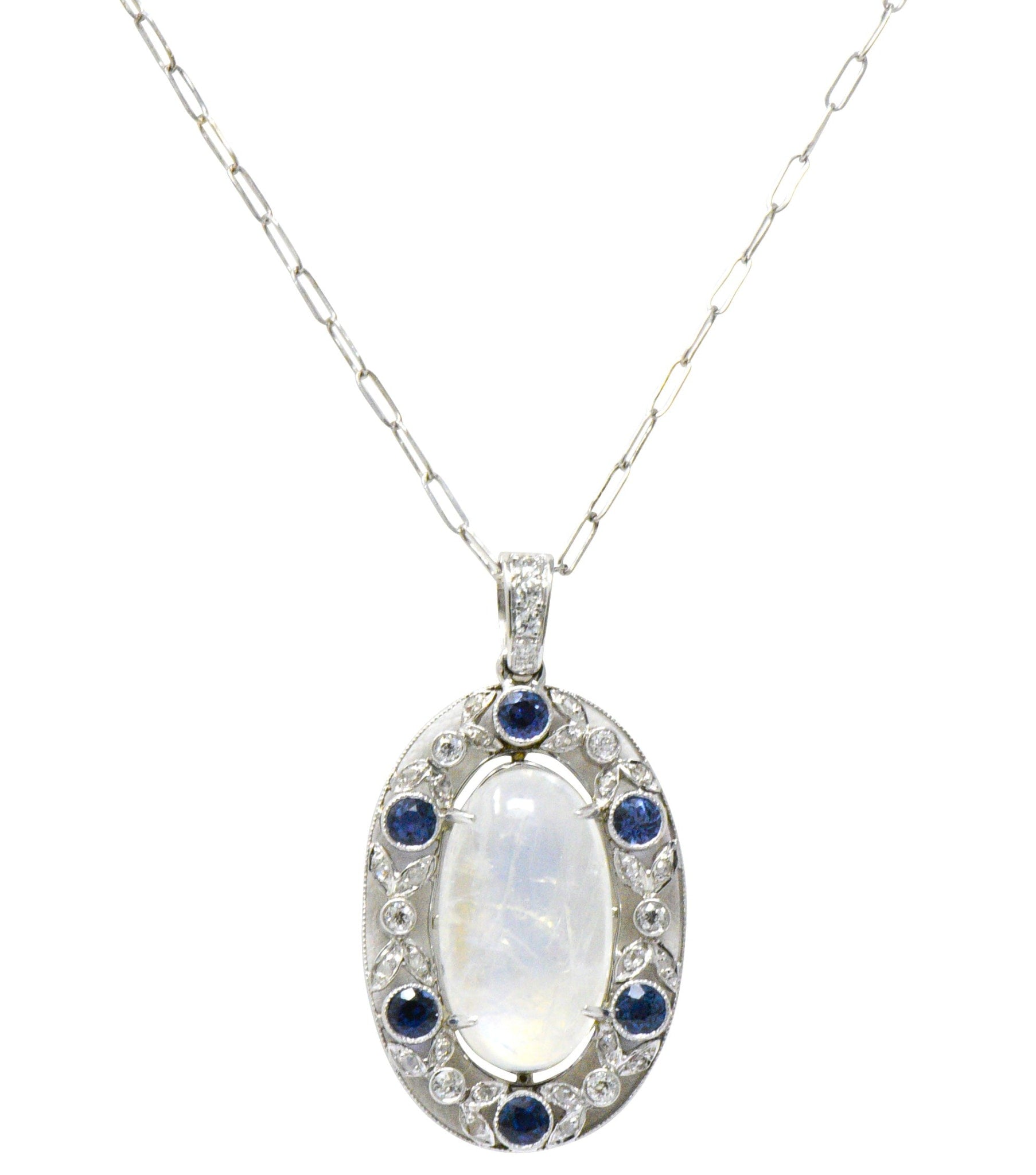 Edwardian 11.80 CTW Moonstone Sapphire Diamond Platinum Pendant Necklace Wilson's Estate Jewelry