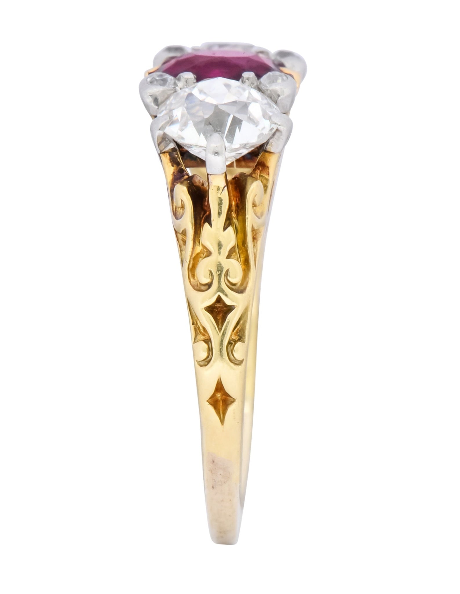 Edwardian 2.48 CTW Burma Ruby Diamond 18 Karat Gold Platinum Three Stone Ring - Wilson's Estate Jewelry